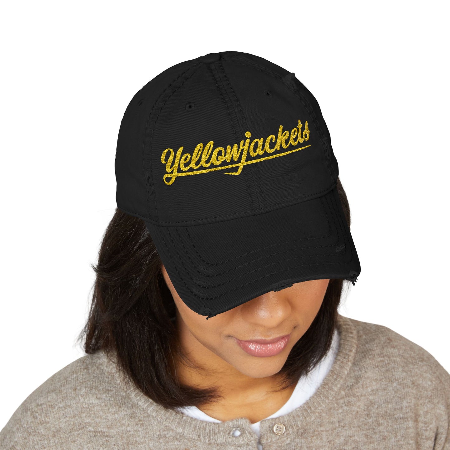 Embroidered Yellowjackets Distressed Cap – Script Logo Vintage Dad Hat