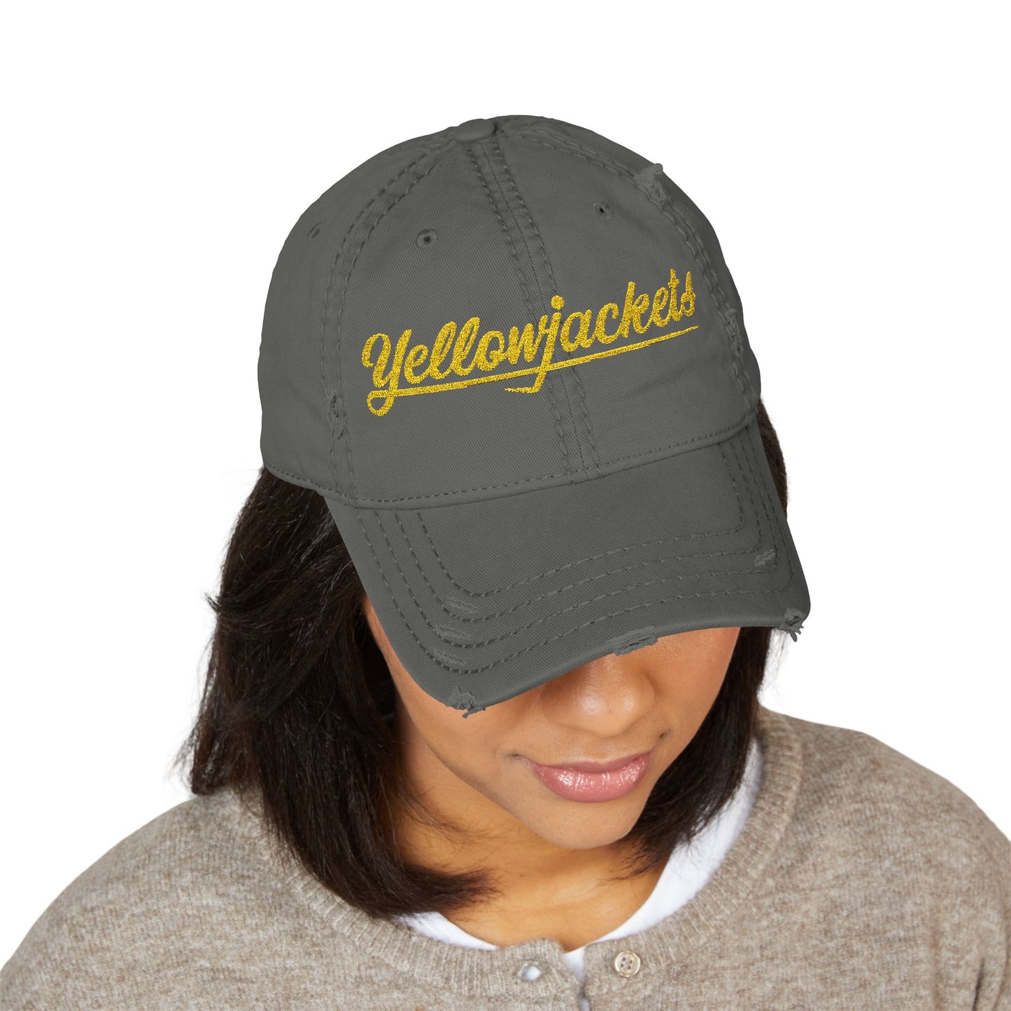 Embroidered Yellowjackets Distressed Cap – Script Logo Vintage Dad Hat