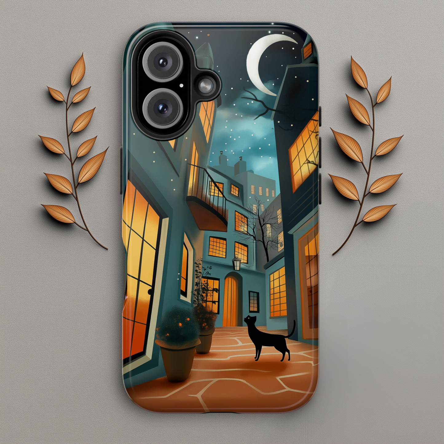 Serene Black Cat Crescent Moon