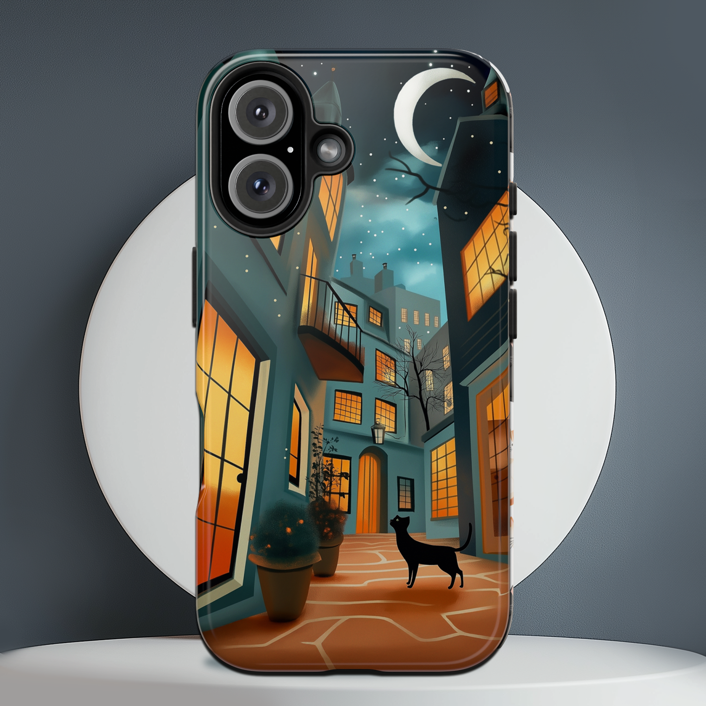 Serene Black Cat Crescent Moon
