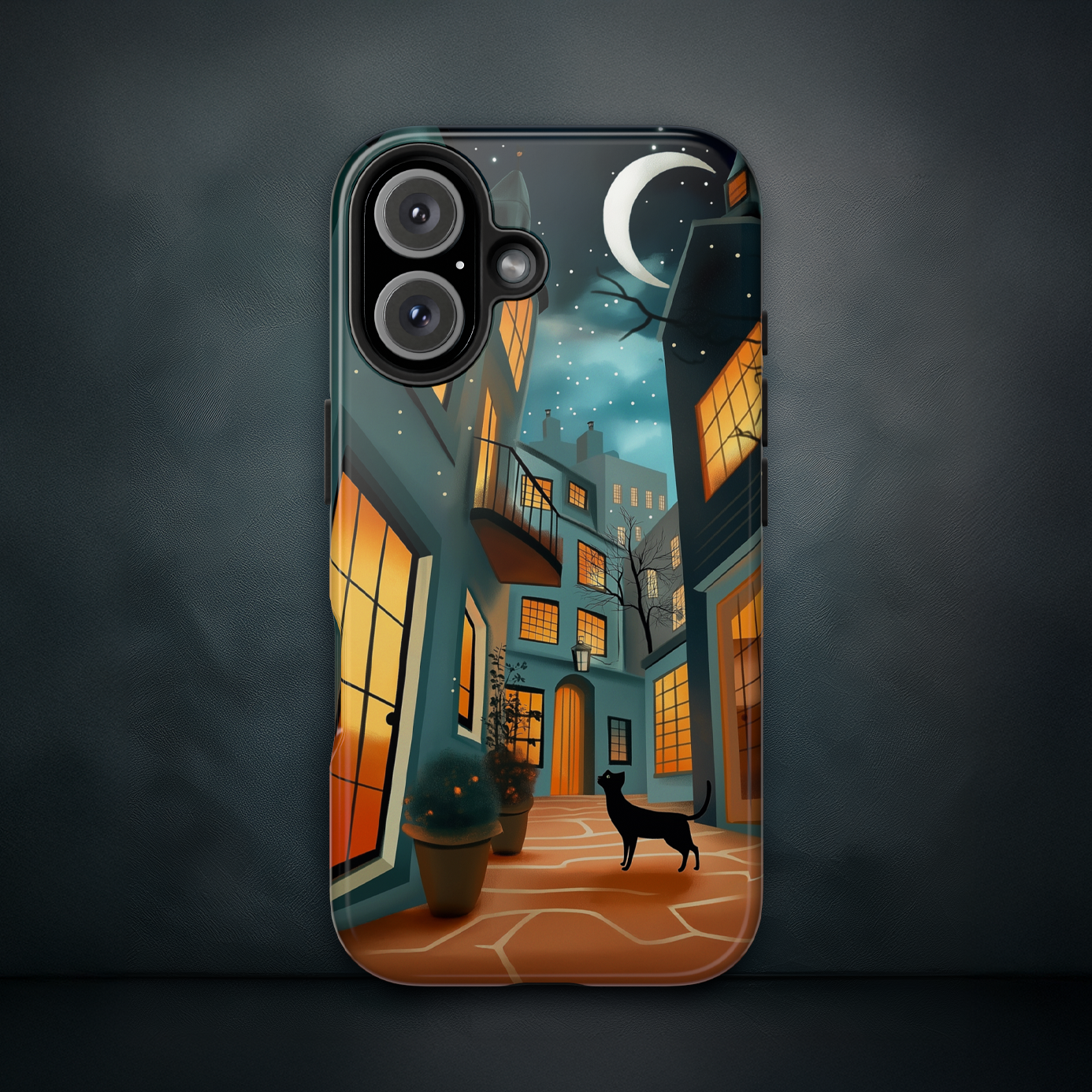 Serene Black Cat Crescent Moon