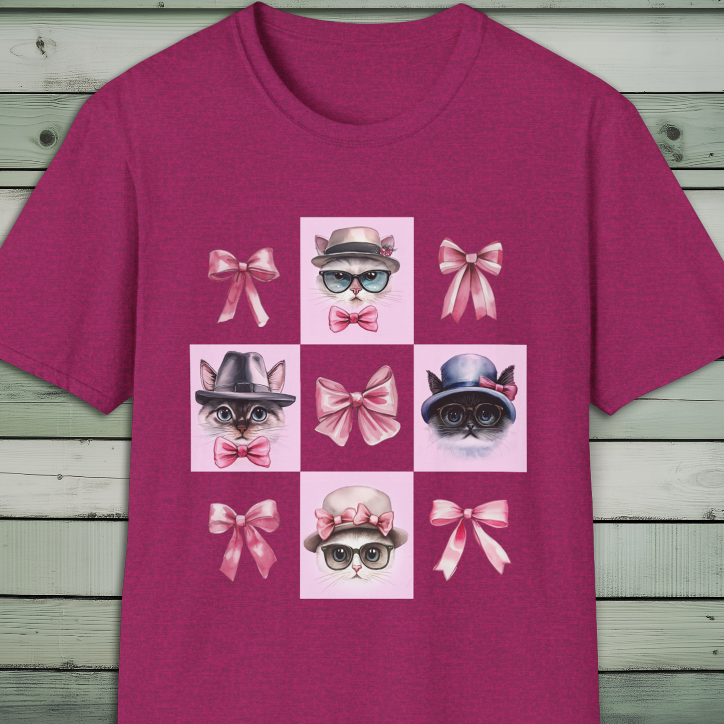 Cat Lover's T-Shirt, Stylish Hat, Glasses, Bow Tie, Pink Bow, Vintage Cat Lady