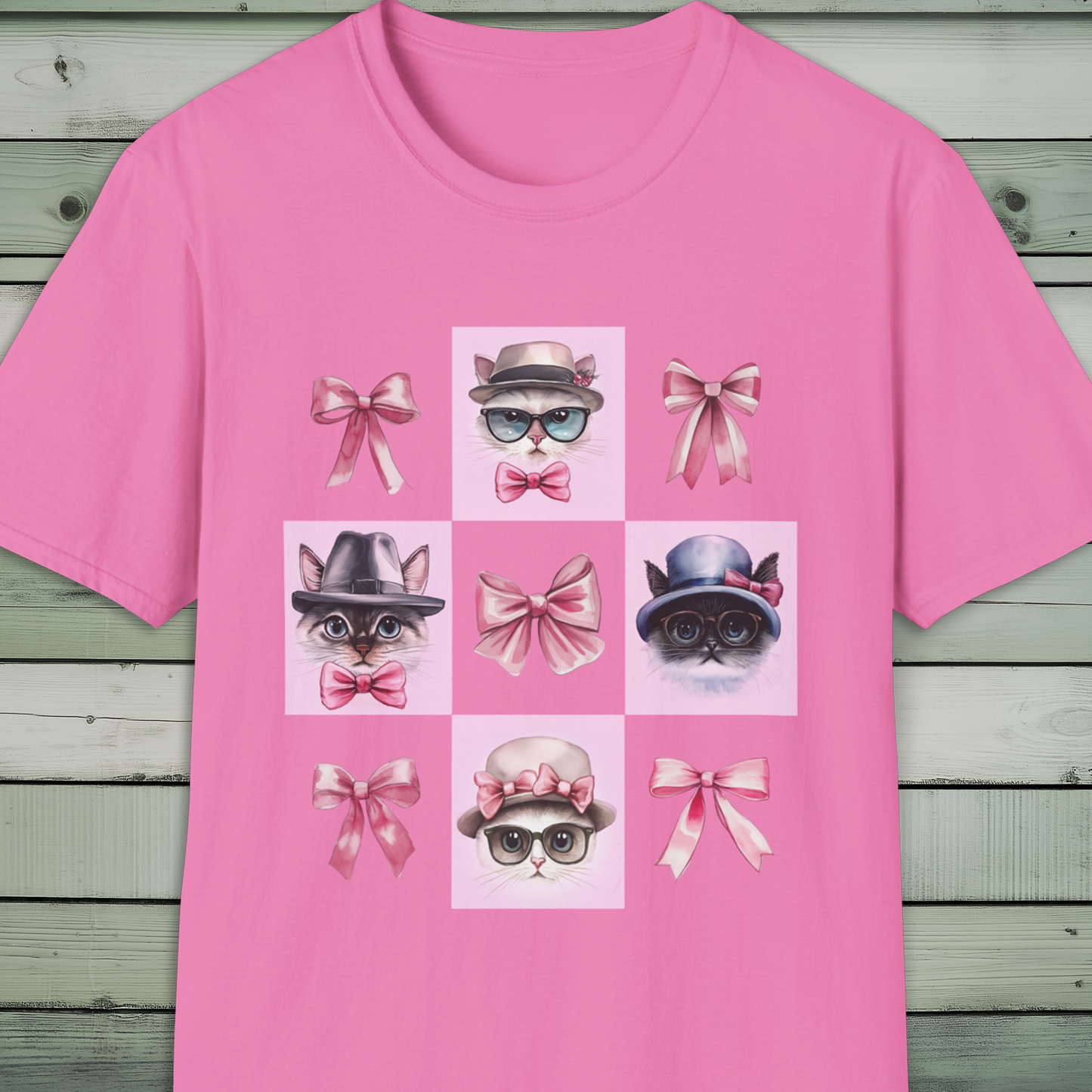 Cat Lover's T-Shirt, Stylish Hat, Glasses, Bow Tie, Pink Bow, Vintage Cat Lady