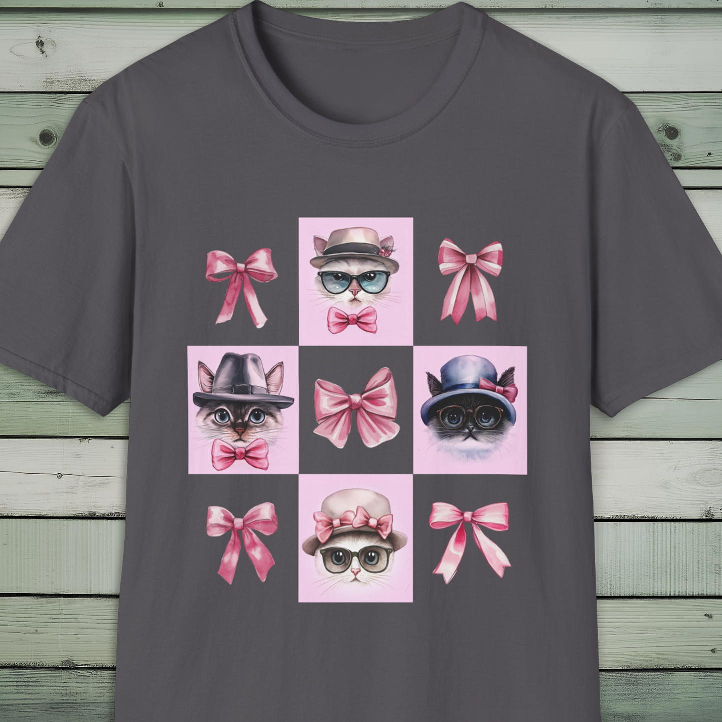 Cat Lover's T-Shirt, Stylish Hat, Glasses, Bow Tie, Pink Bow, Vintage Cat Lady
