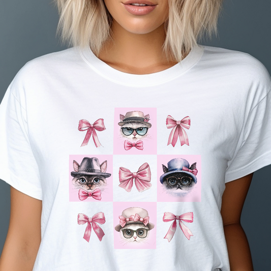 Cat Lover's T-Shirt, Stylish Hat, Glasses, Bow Tie, Pink Bow, Vintage Cat Lady