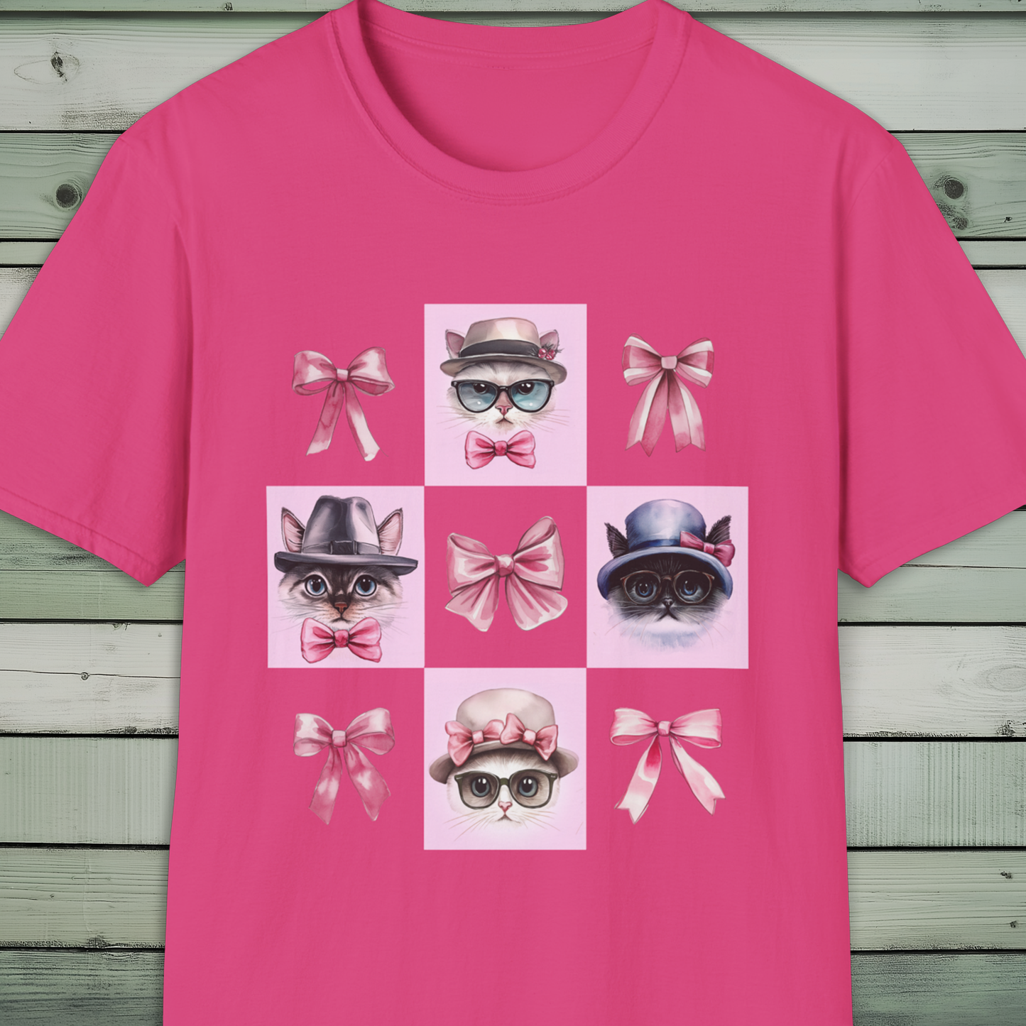 Cat Lover's T-Shirt, Stylish Hat, Glasses, Bow Tie, Pink Bow, Vintage Cat Lady