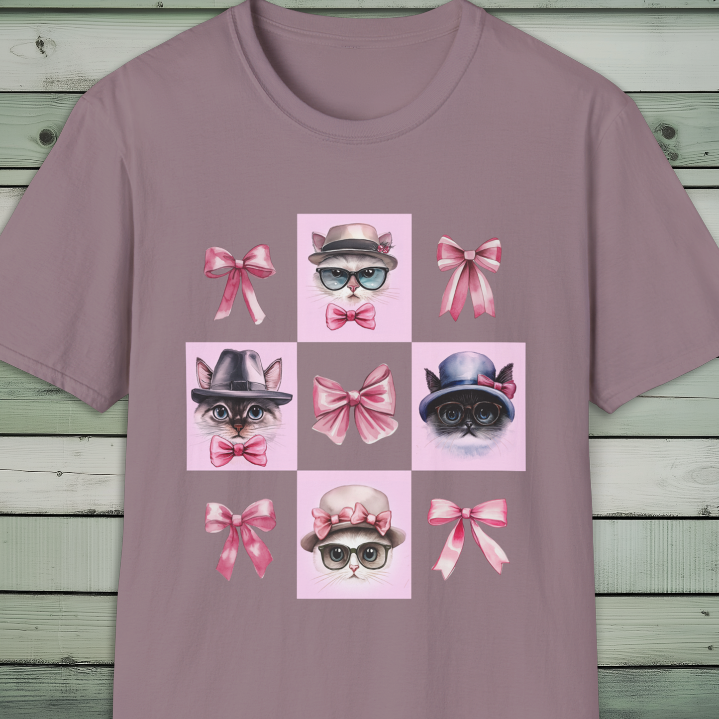 Cat Lover's T-Shirt, Stylish Hat, Glasses, Bow Tie, Pink Bow, Vintage Cat Lady