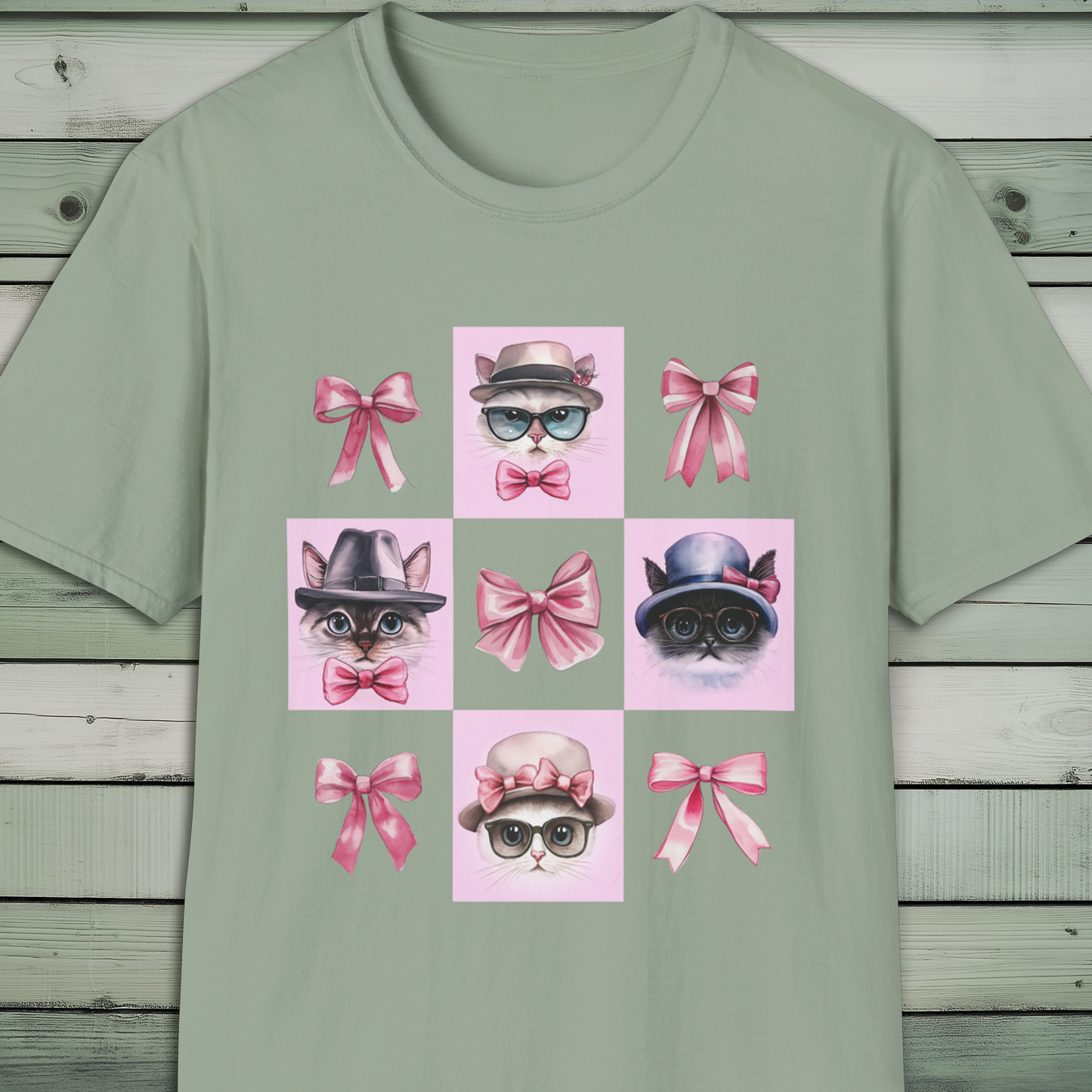 Cat Lover's T-Shirt, Stylish Hat, Glasses, Bow Tie, Pink Bow, Vintage Cat Lady