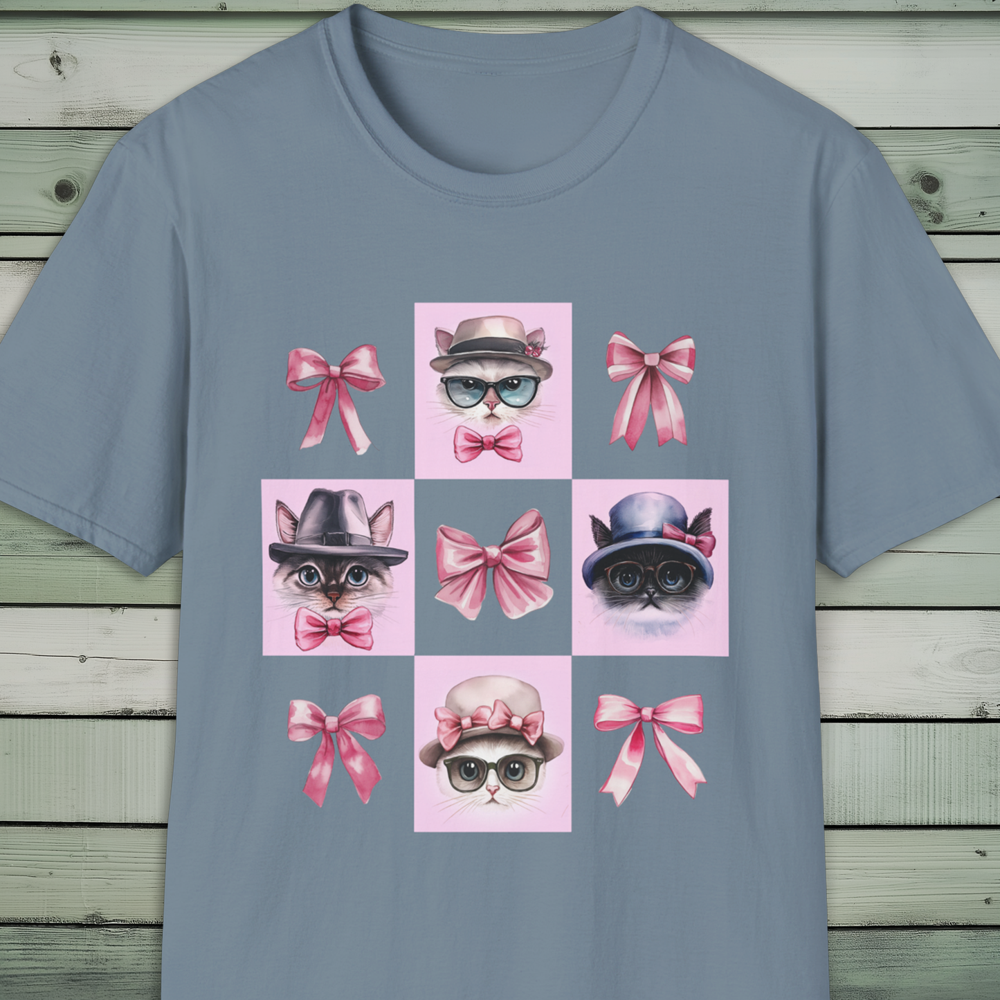 Cat Lover's T-Shirt, Stylish Hat, Glasses, Bow Tie, Pink Bow, Vintage Cat Lady