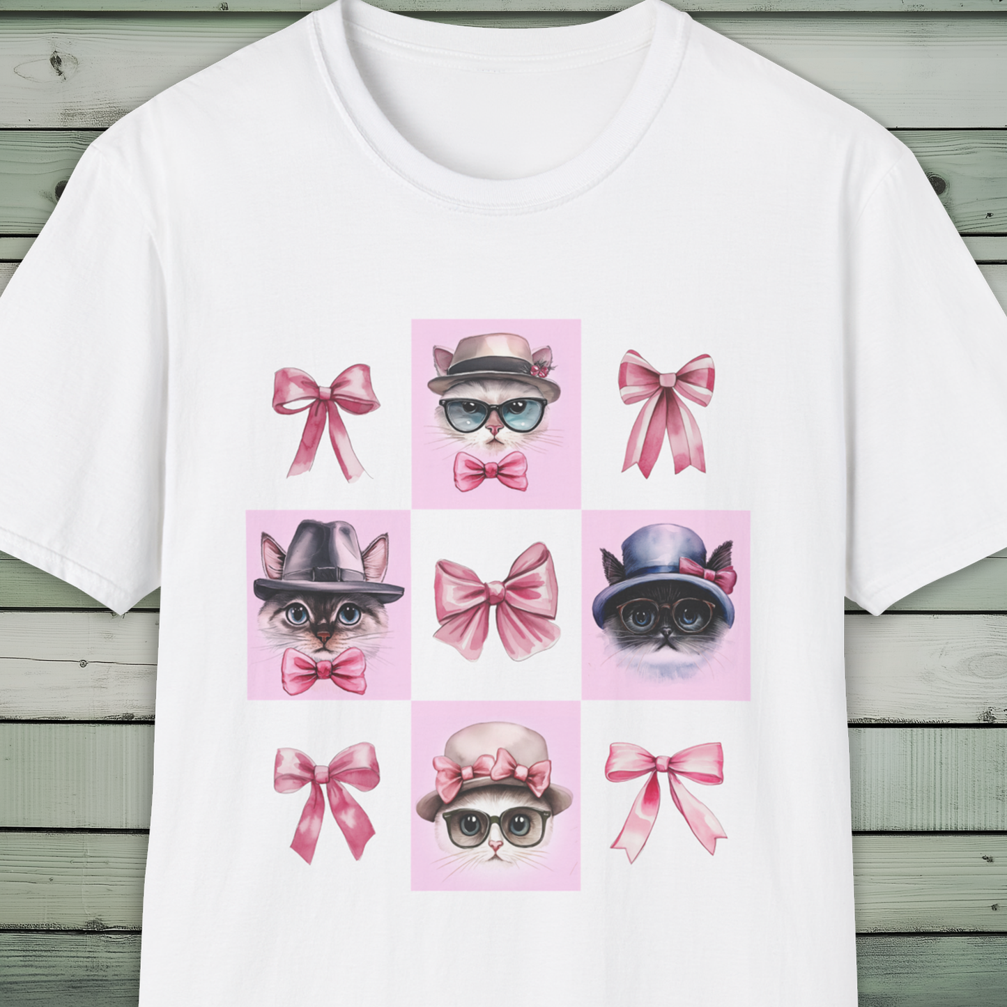 Cat Lover's T-Shirt, Stylish Hat, Glasses, Bow Tie, Pink Bow, Vintage Cat Lady