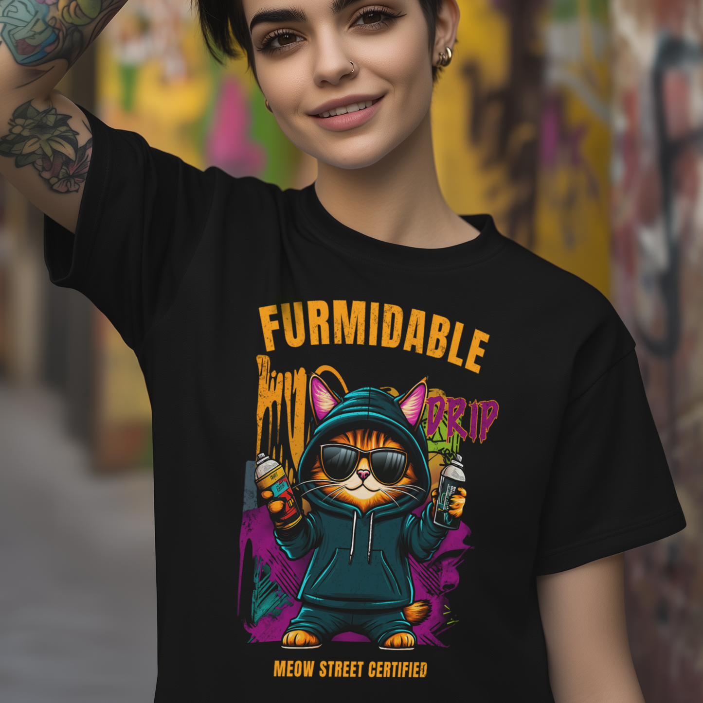 Furmidable Drip Cat Graffiti Style T-Shirt
