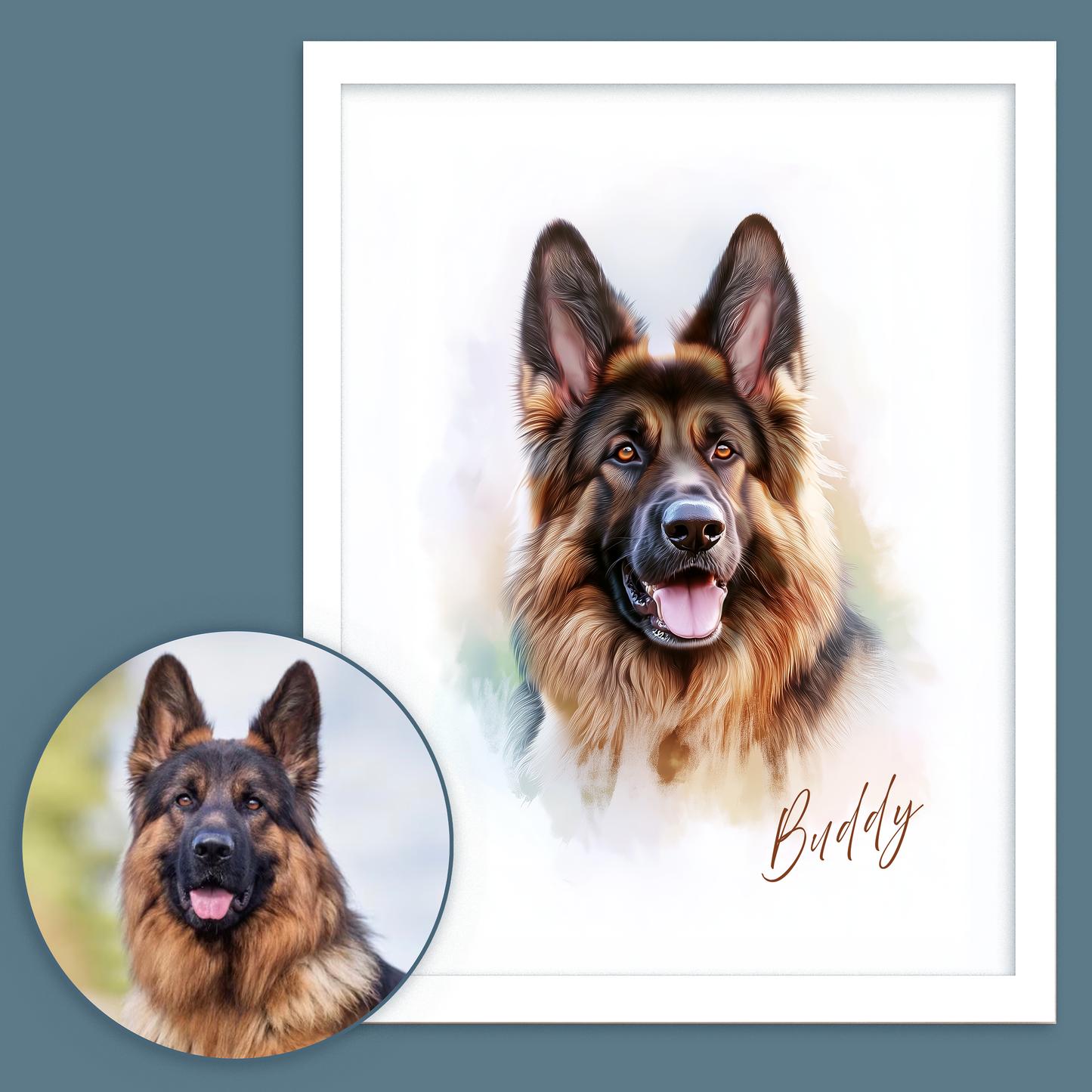 Custom Pet Portrait of your Pet Framed Print Watercolour Style with Name.
