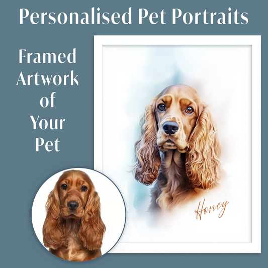Custom Pet Portrait of your Pet Framed Print Watercolour Style with Name.