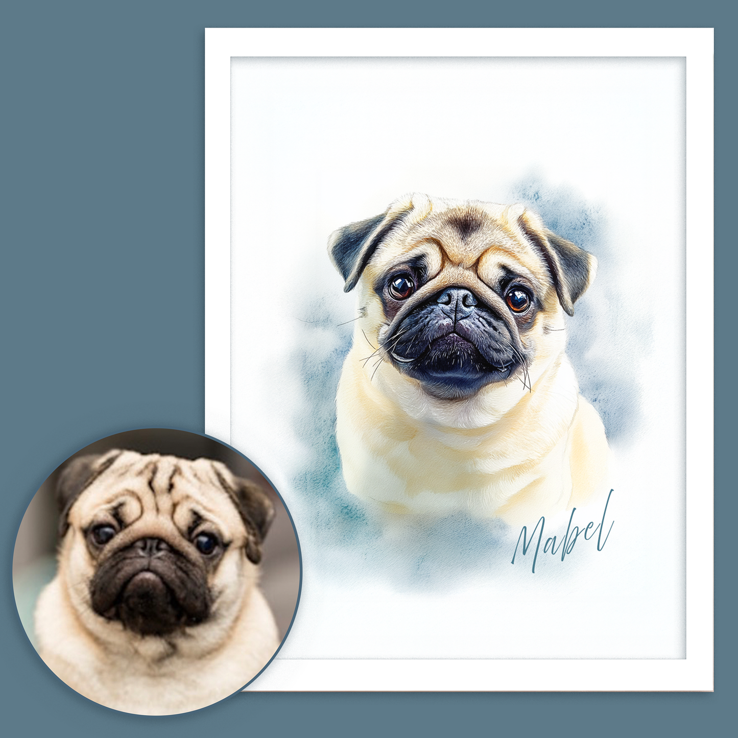 Custom Pet Portrait of your Pet Framed Print Watercolour Style with Name.