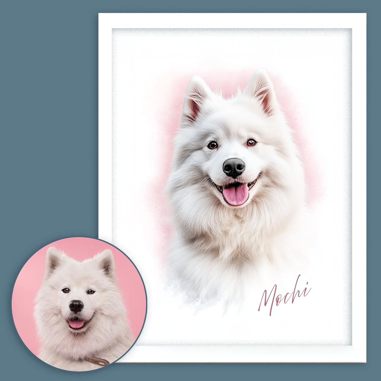 Custom Pet Portrait of your Pet Framed Print Watercolour Style with Name.
