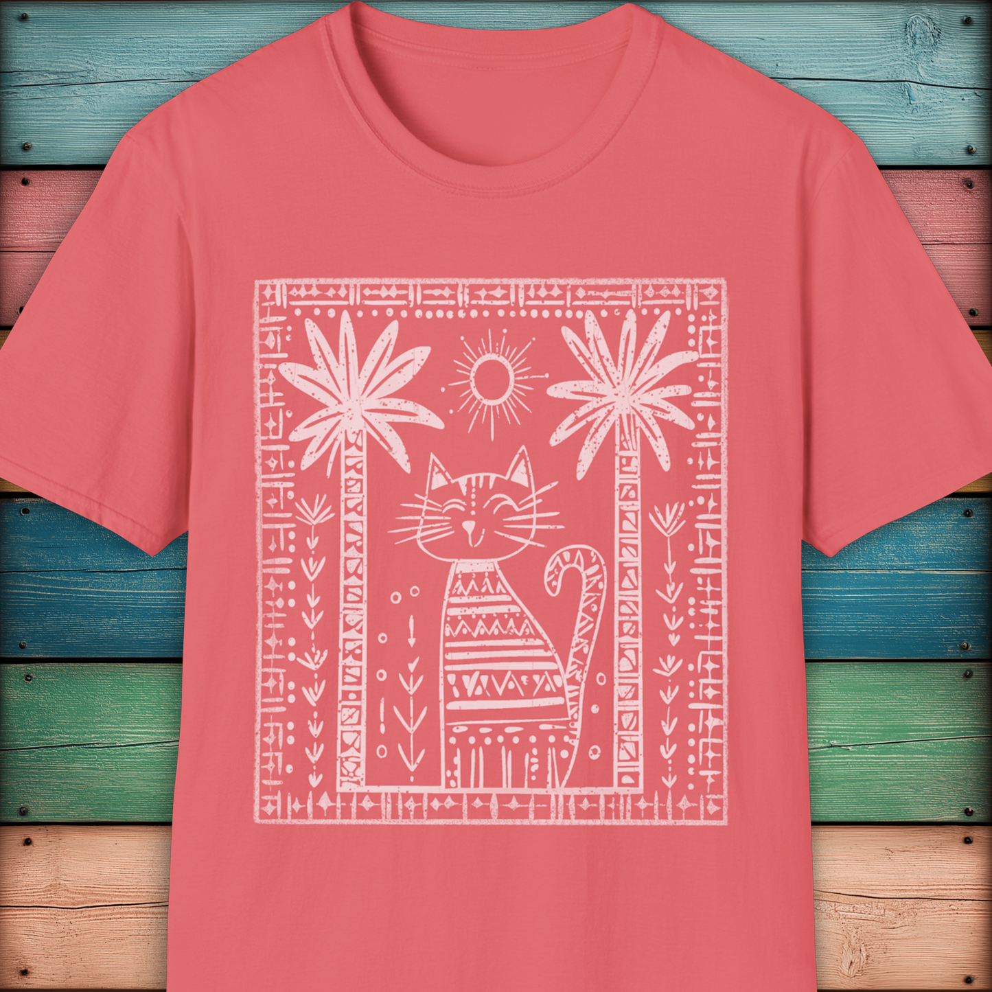 Tribal Cat Under Palms – Boho Minimalist Cat T-Shirt Design