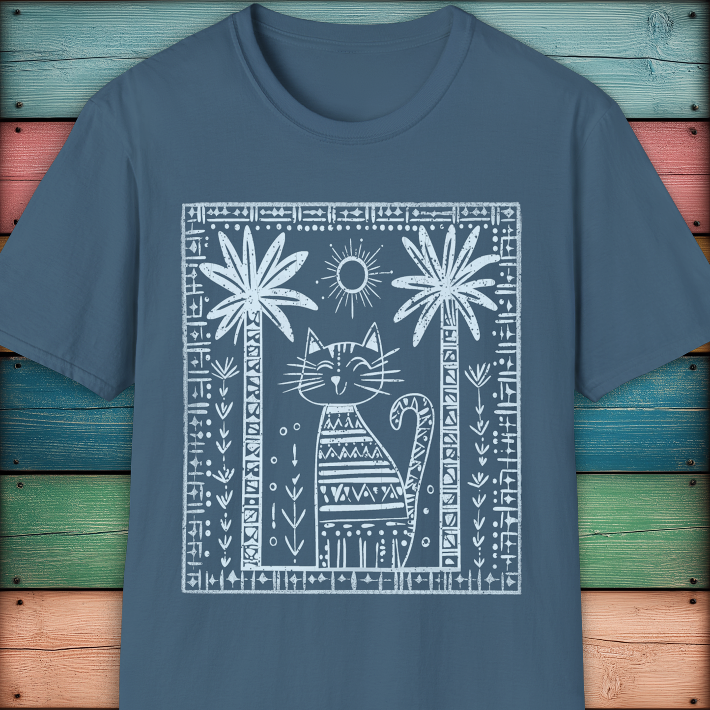 Tribal Cat Under Palms – Boho Minimalist Cat T-Shirt Design