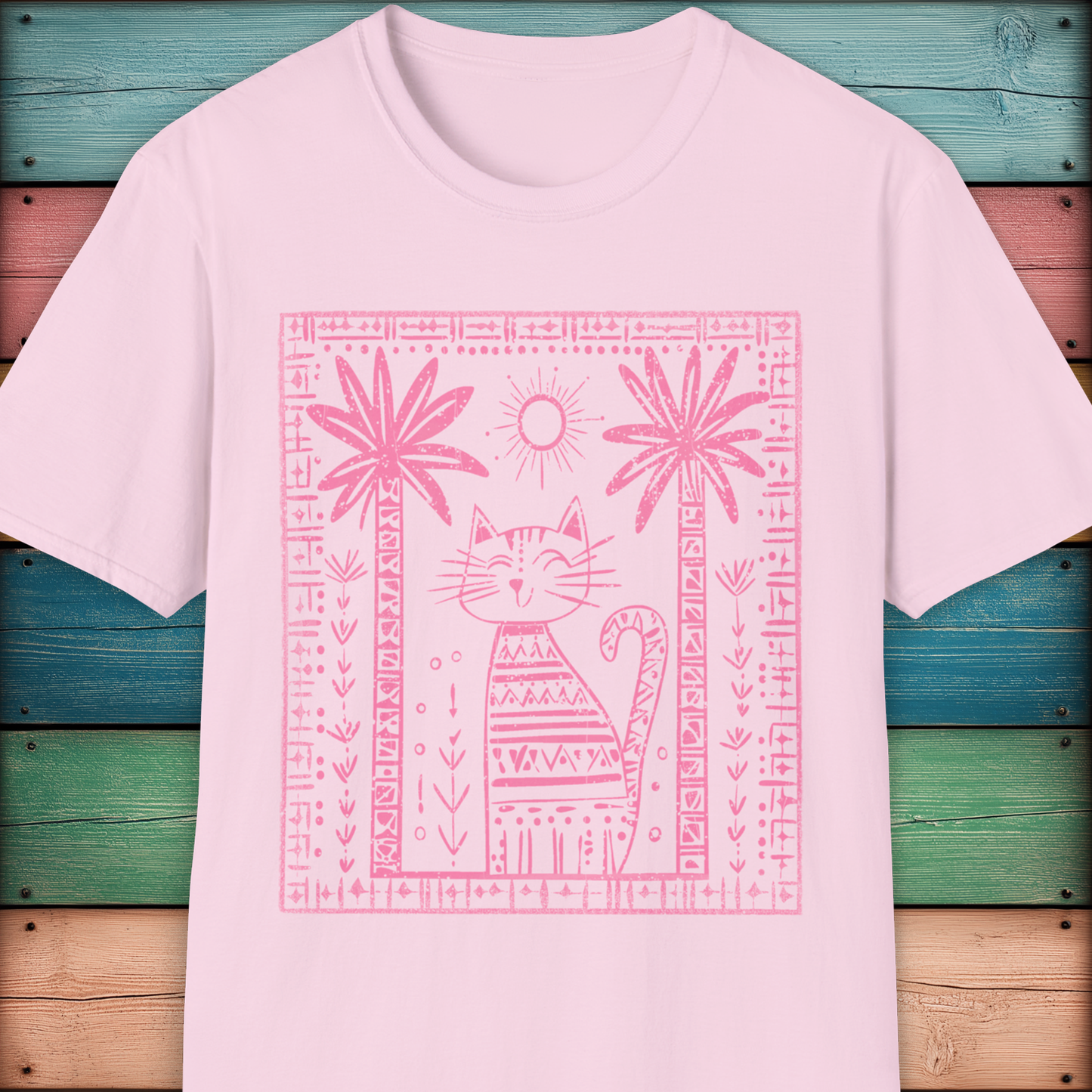 Tribal Cat Under Palms – Boho Minimalist Cat T-Shirt Design