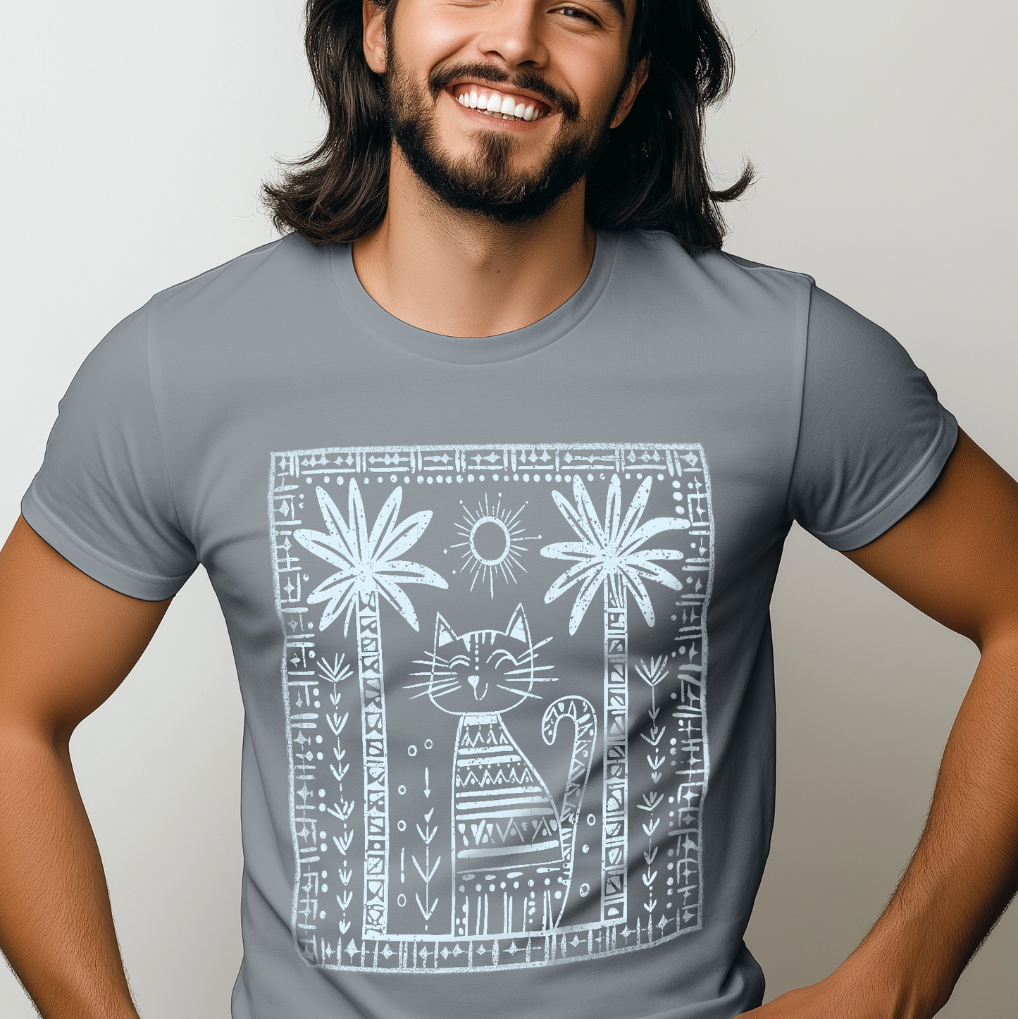 Tribal Cat Under Palms – Boho Minimalist Cat T-Shirt Design