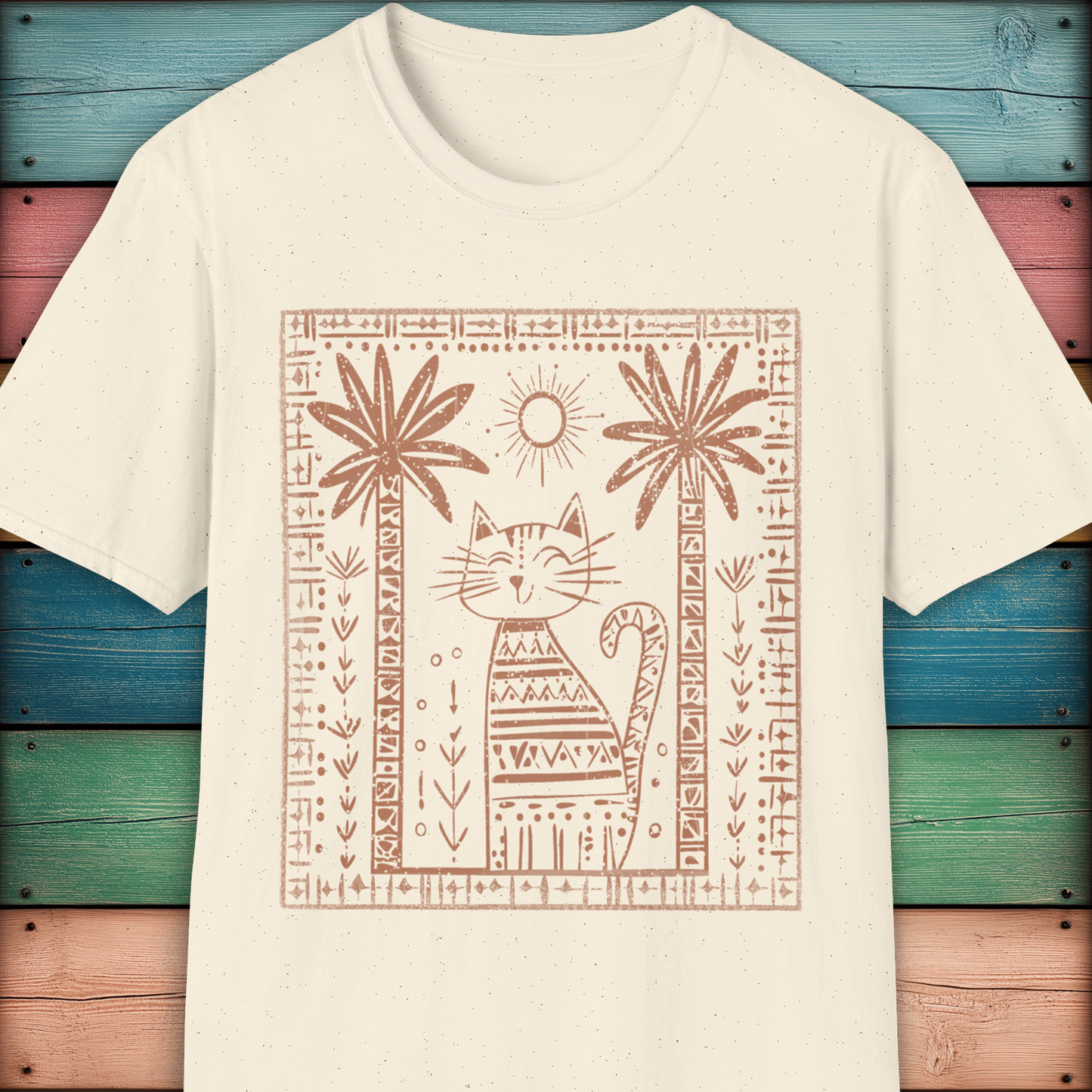 Tribal Cat Under Palms – Boho Minimalist Cat T-Shirt Design