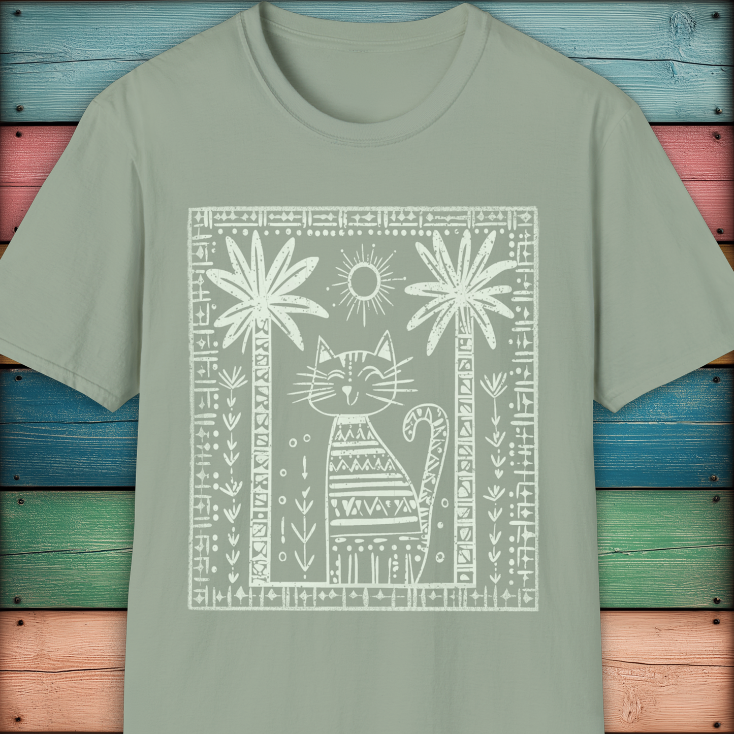 Tribal Cat Under Palms – Boho Minimalist Cat T-Shirt Design