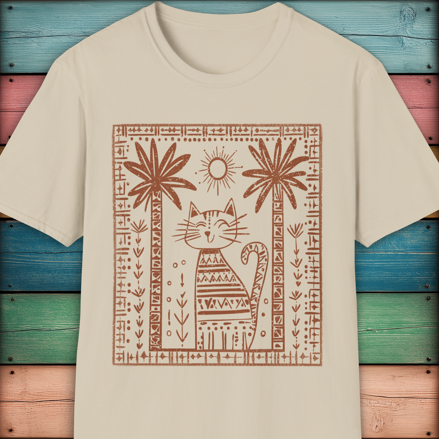 Tribal Cat Under Palms – Boho Minimalist Cat T-Shirt Design