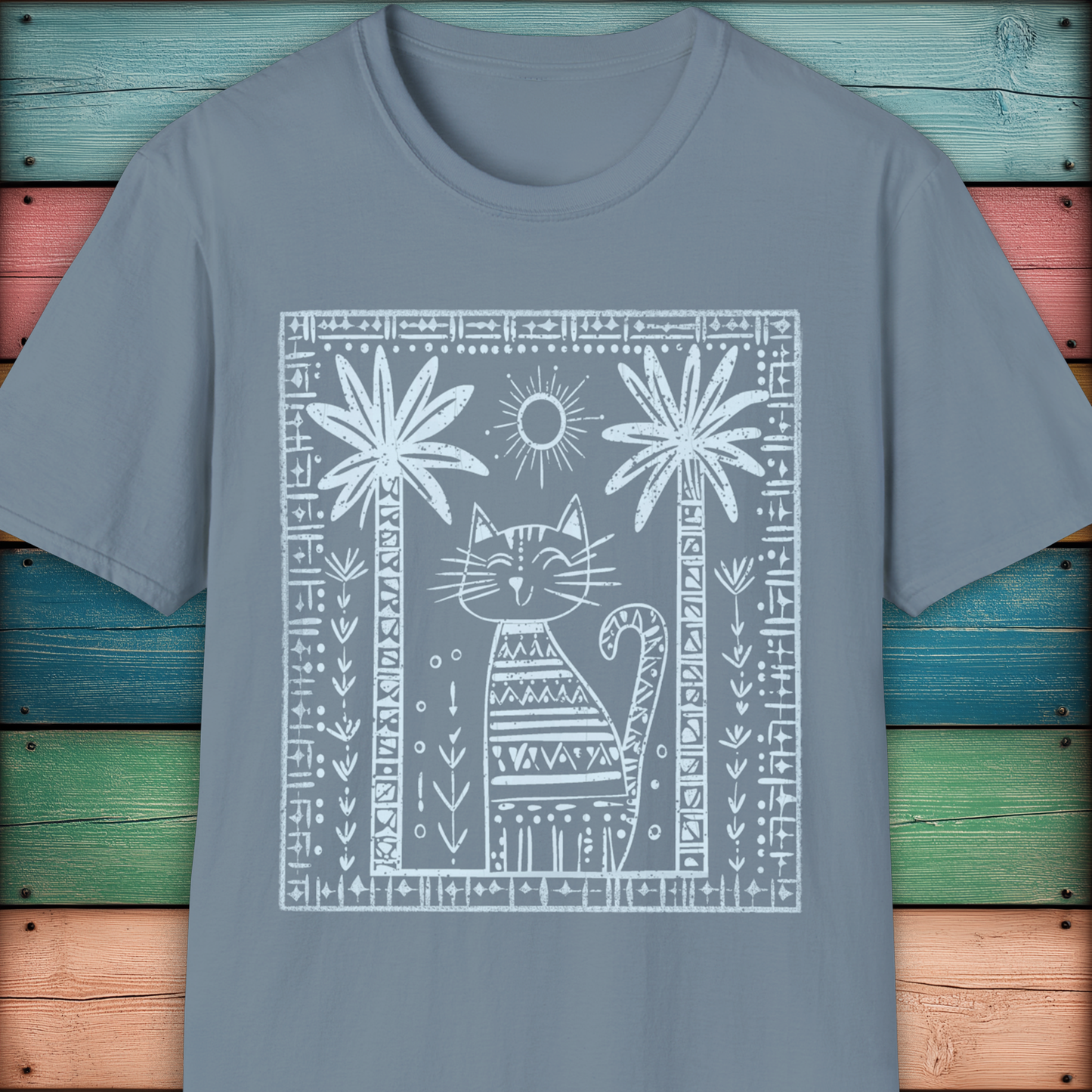 Tribal Cat Under Palms – Boho Minimalist Cat T-Shirt Design