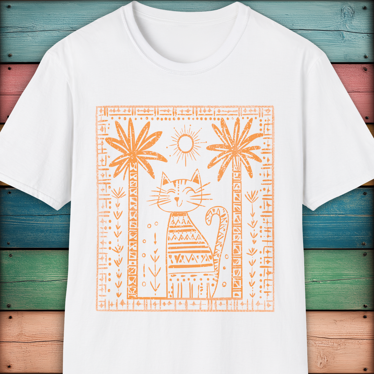 Tribal Cat Under Palms – Boho Minimalist Cat T-Shirt Design