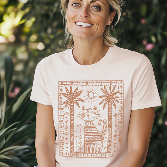 Tribal Cat Under Palms – Boho Minimalist Cat T-Shirt Design