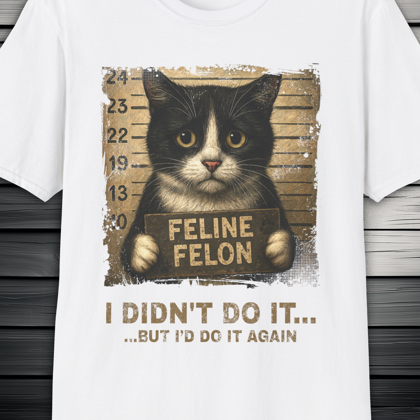 Feline Felon Mugshot Black & White Cat T-Shirt – Catitude Style