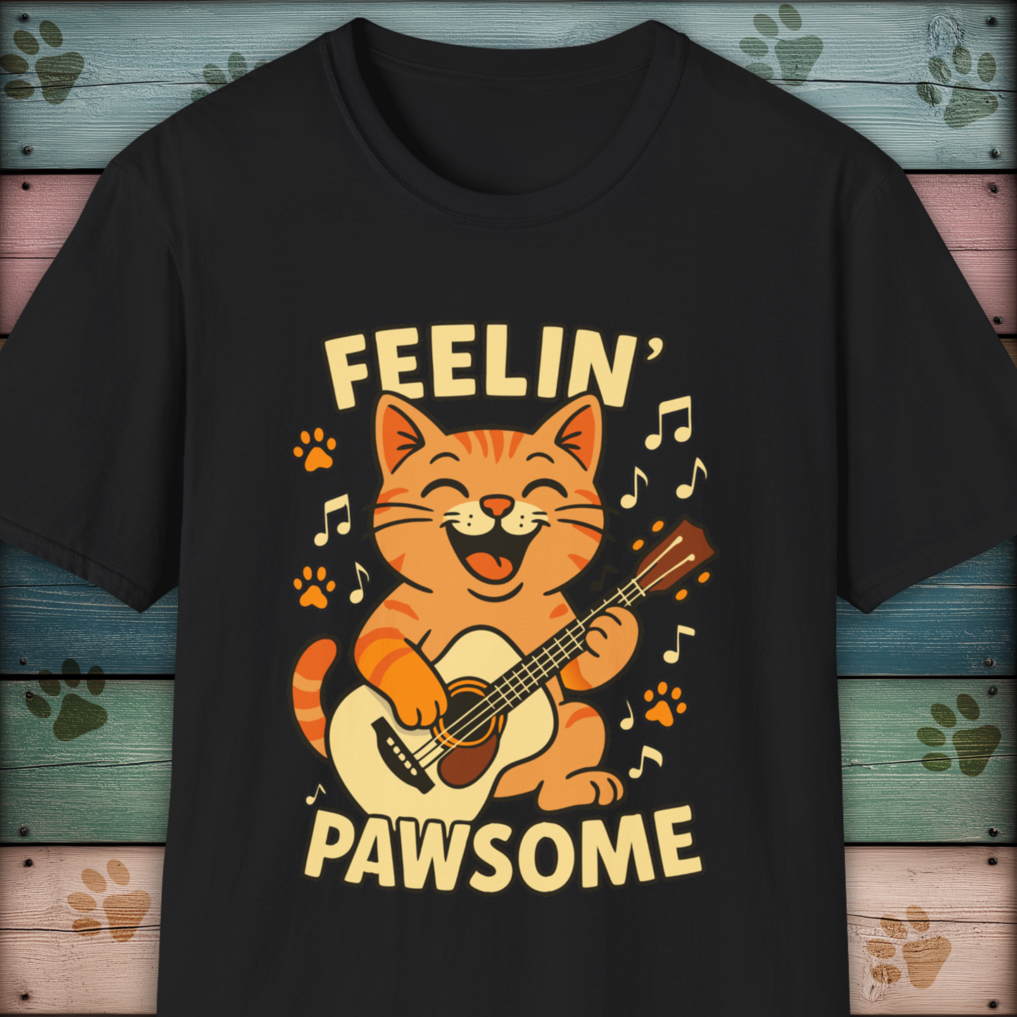 Feelin' Pawsome Funny Cat Guitar T-Shirt