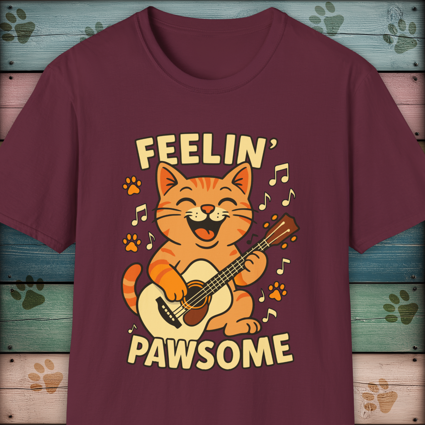 Feelin' Pawsome Funny Cat Guitar T-Shirt