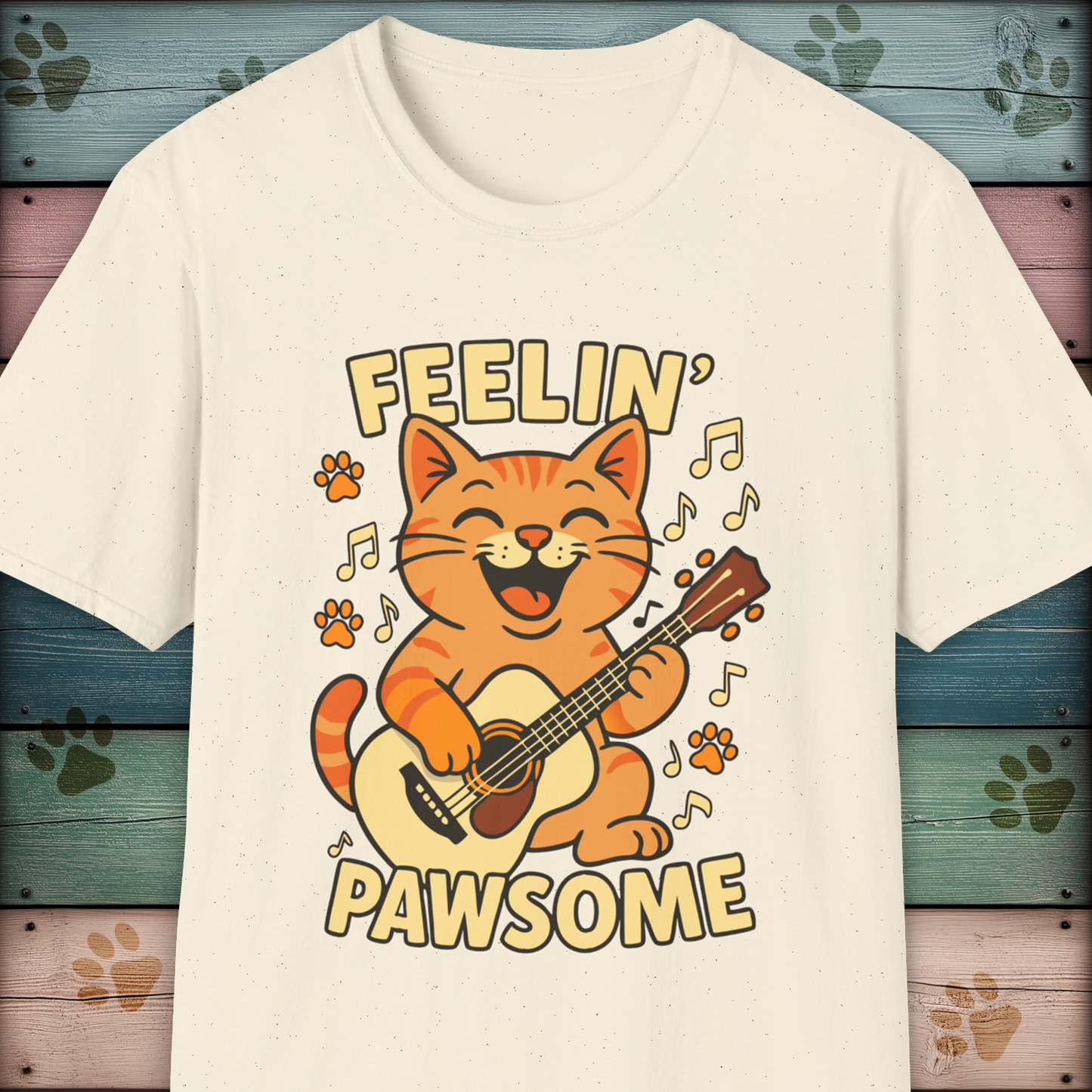Feelin' Pawsome Funny Cat Guitar T-Shirt