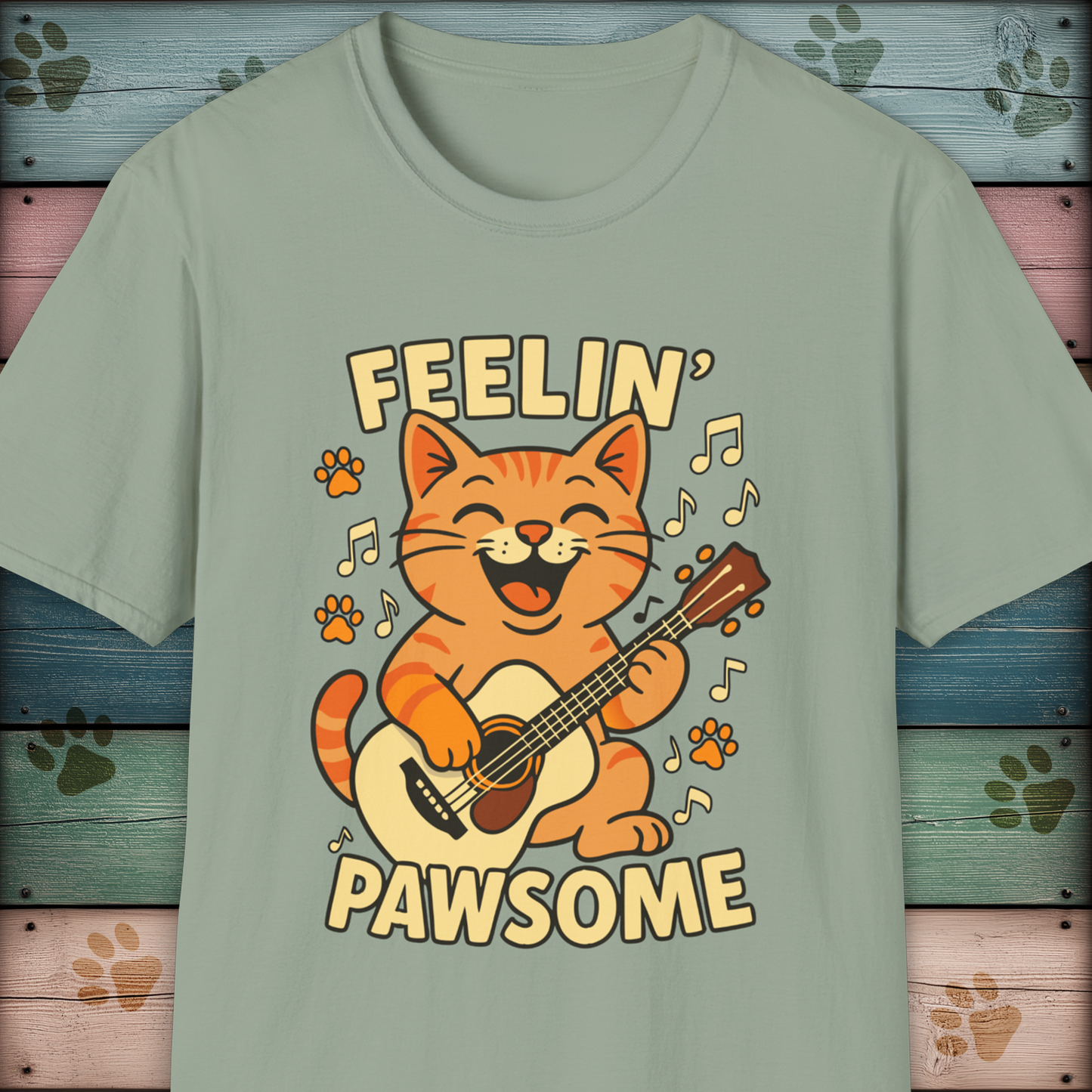 Feelin' Pawsome Funny Cat Guitar T-Shirt