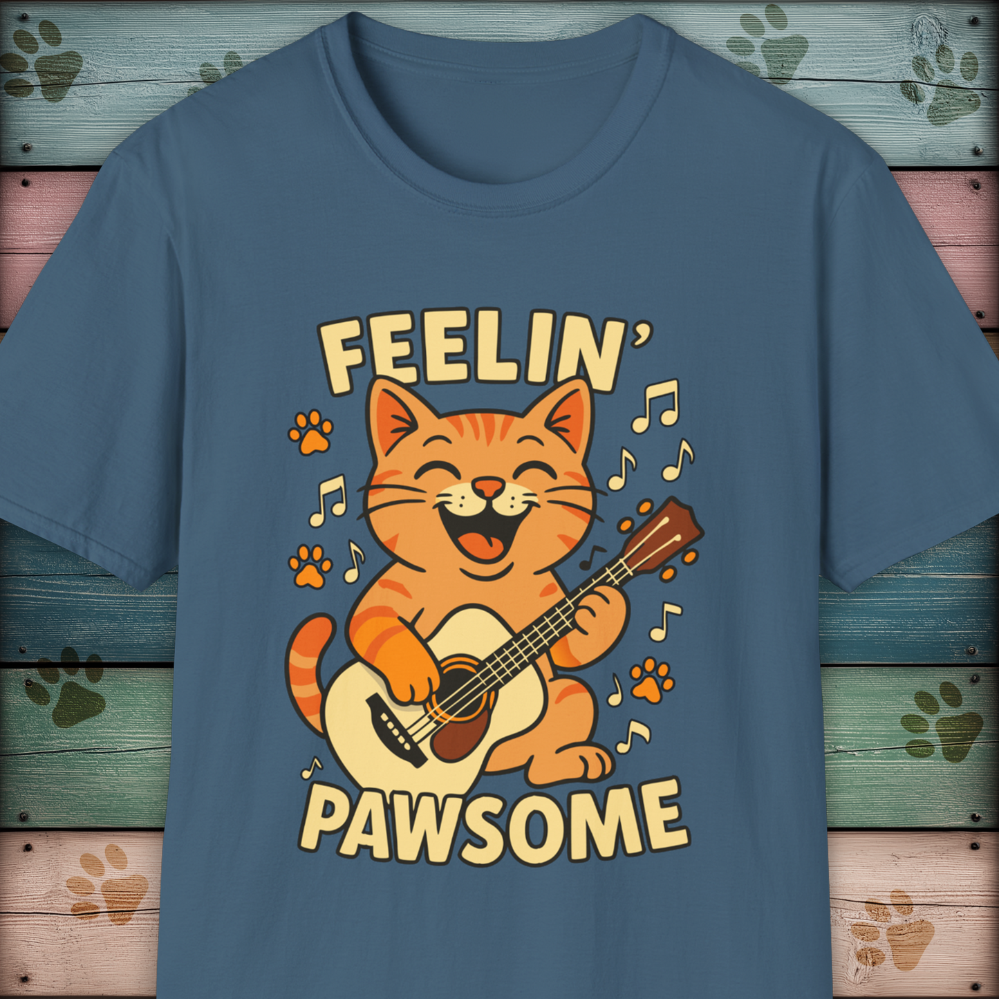 Feelin' Pawsome Funny Cat Guitar T-Shirt