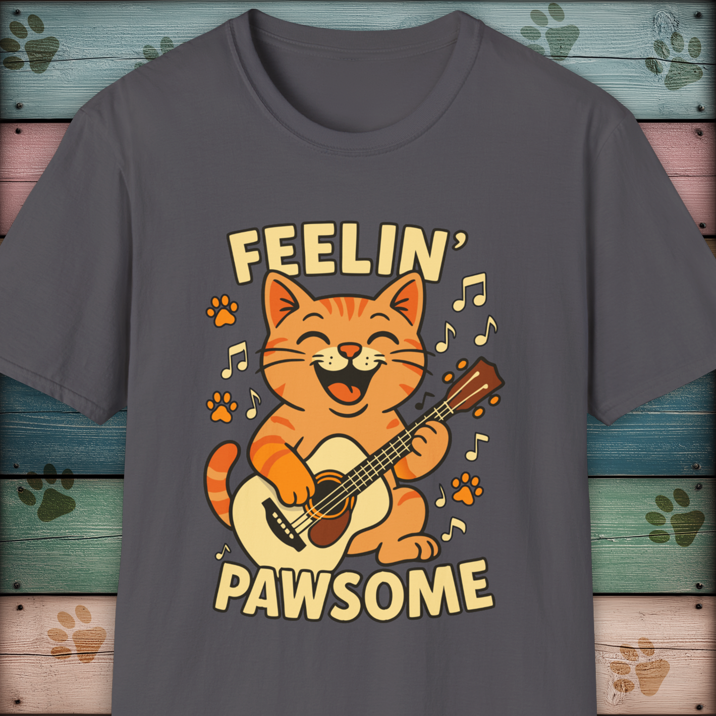 Feelin' Pawsome Funny Cat Guitar T-Shirt