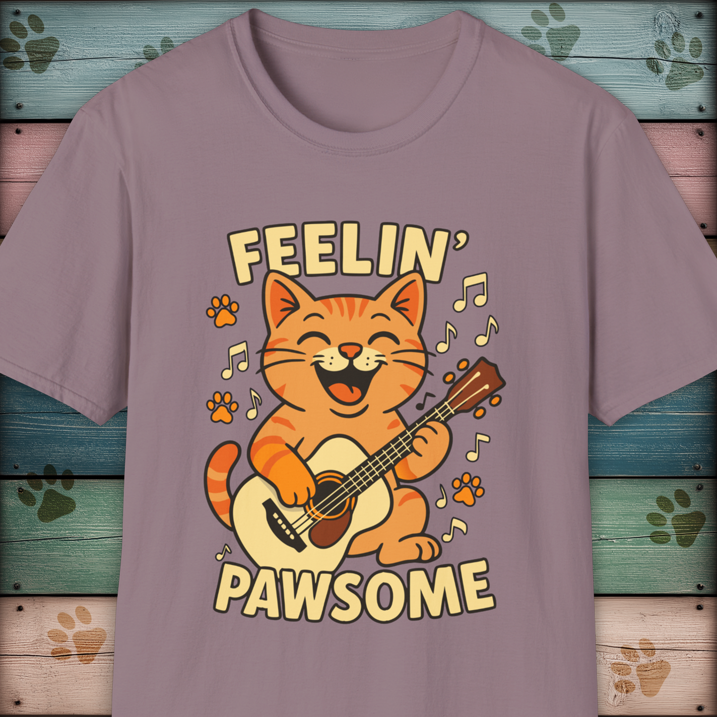 Feelin' Pawsome Funny Cat Guitar T-Shirt