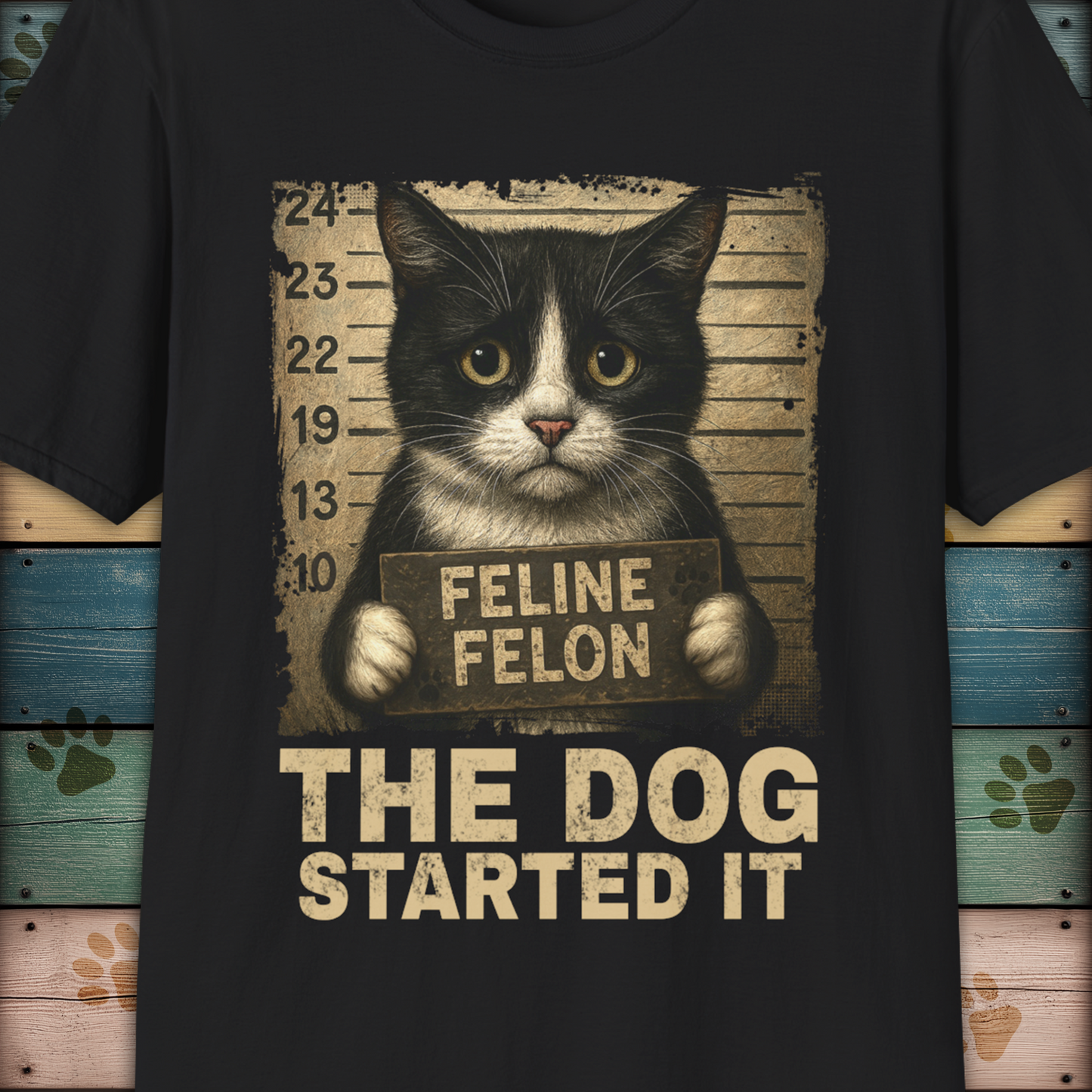 Mugshot T-Shirt – Feline Felon "The Dog Started It"