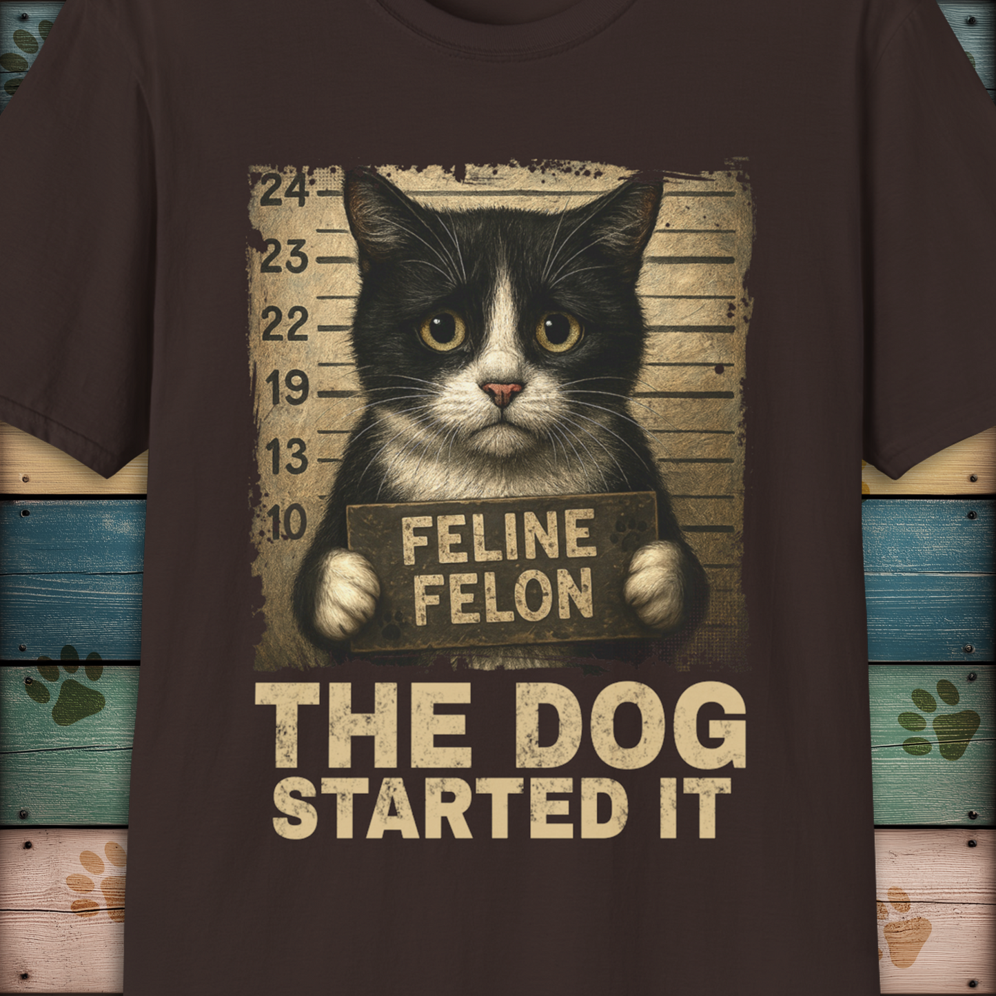 Mugshot T-Shirt – Feline Felon "The Dog Started It"