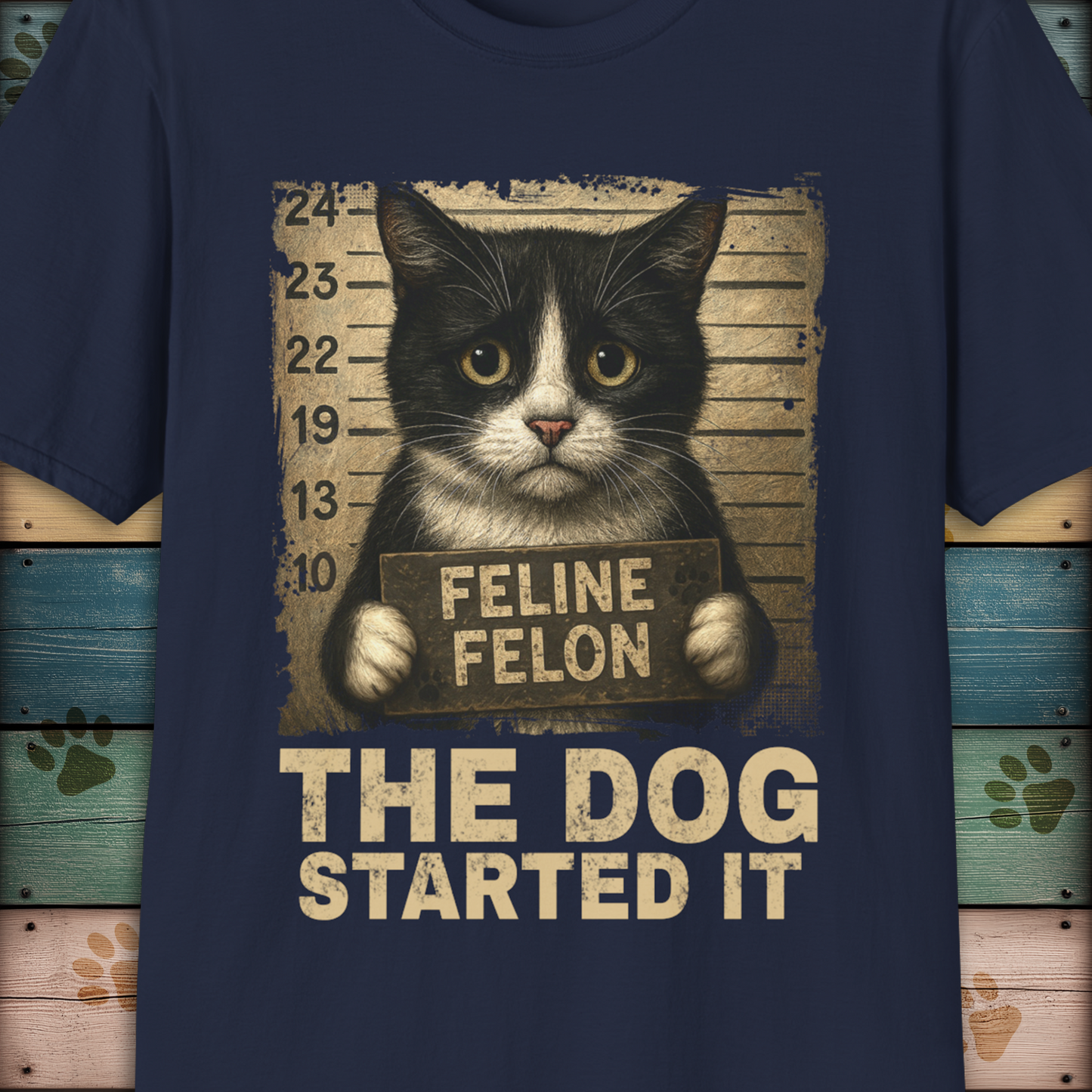 Mugshot T-Shirt – Feline Felon "The Dog Started It"