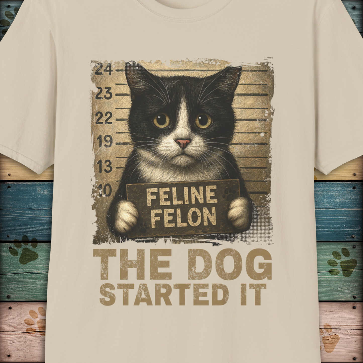 Mugshot T-Shirt – Feline Felon "The Dog Started It"