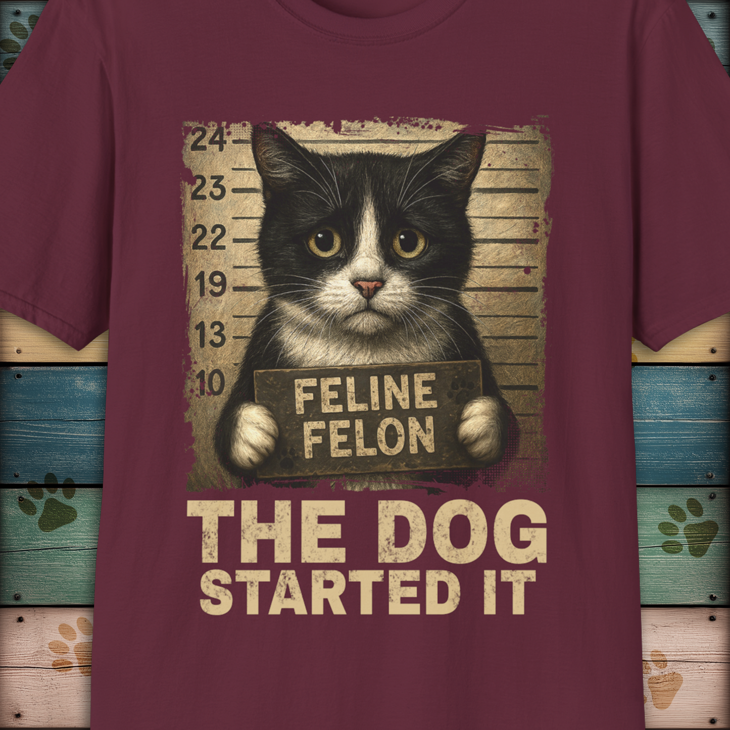 Mugshot T-Shirt – Feline Felon "The Dog Started It"