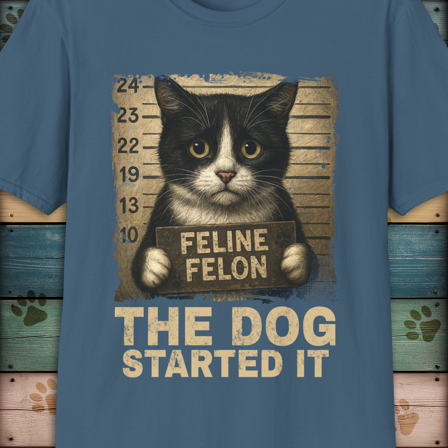 Mugshot T-Shirt – Feline Felon "The Dog Started It"