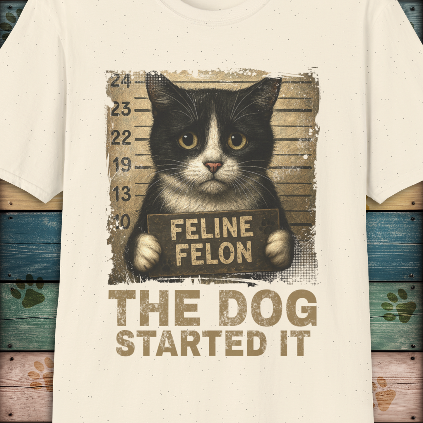 Mugshot T-Shirt – Feline Felon "The Dog Started It"