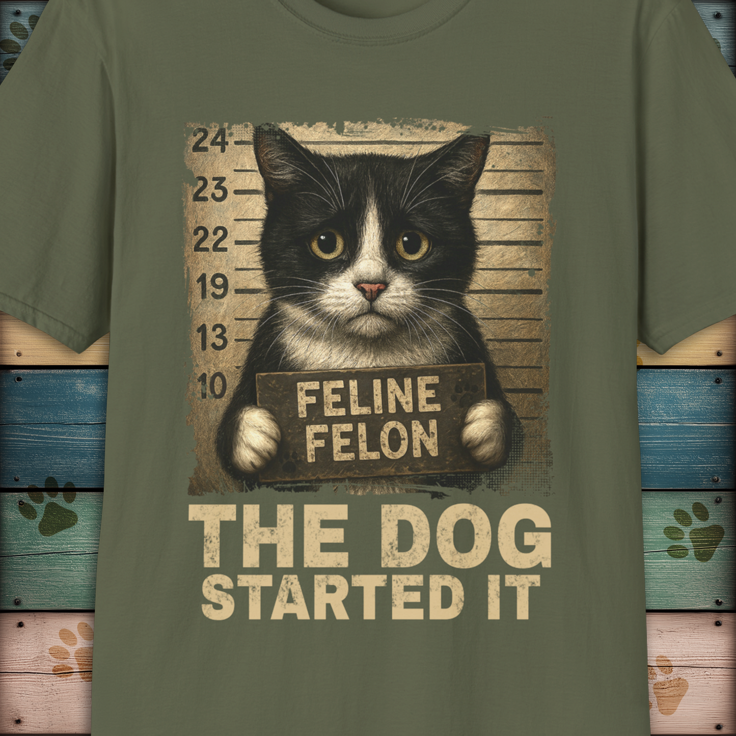 Mugshot T-Shirt – Feline Felon "The Dog Started It"