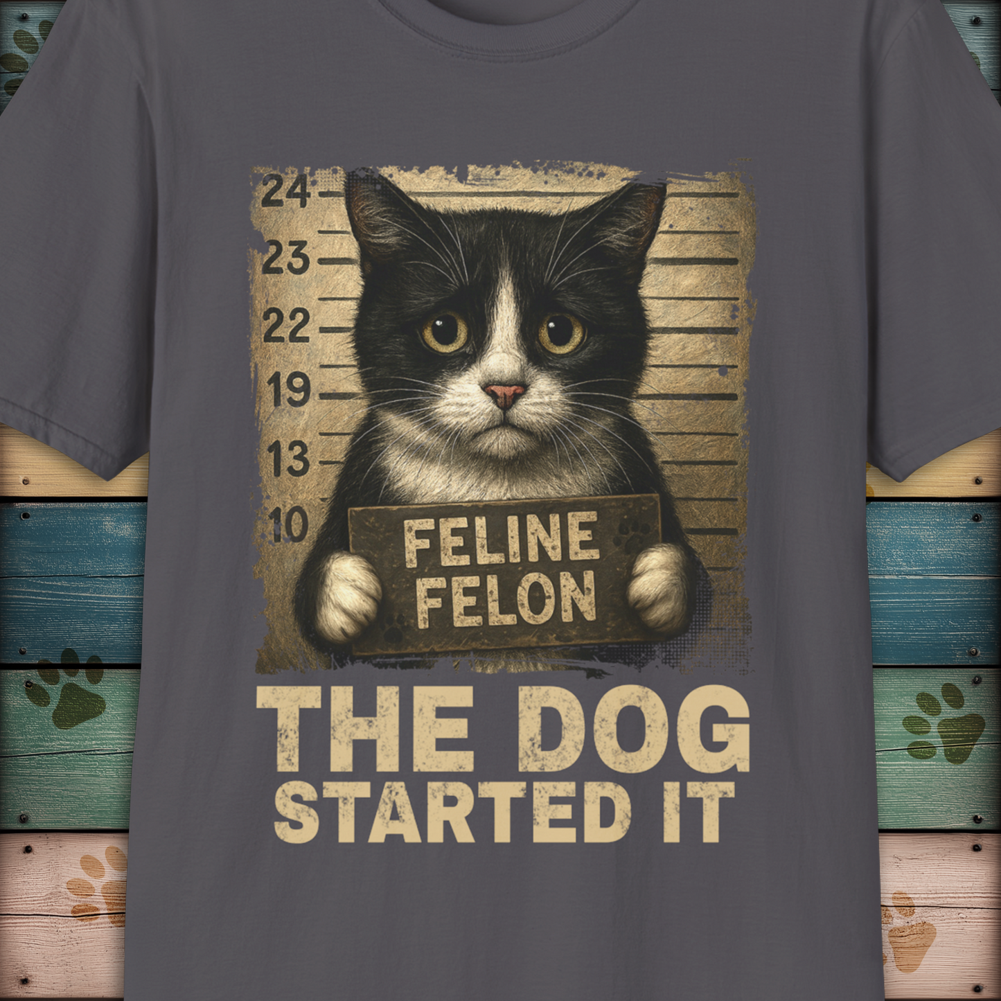 Mugshot T-Shirt – Feline Felon "The Dog Started It"