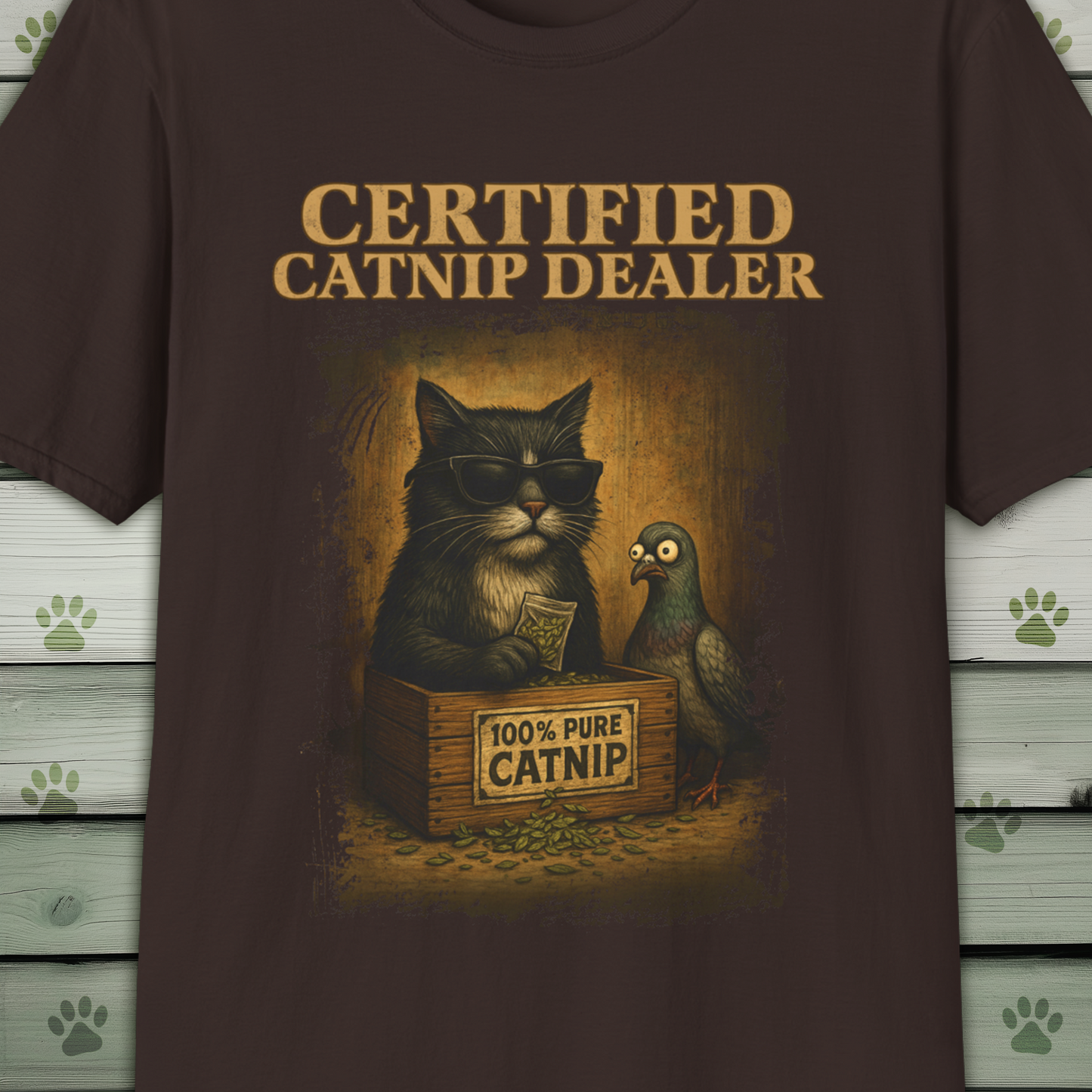 Certified Catnip Dealer T-Shirt – Funny Cat & Pigeon Design