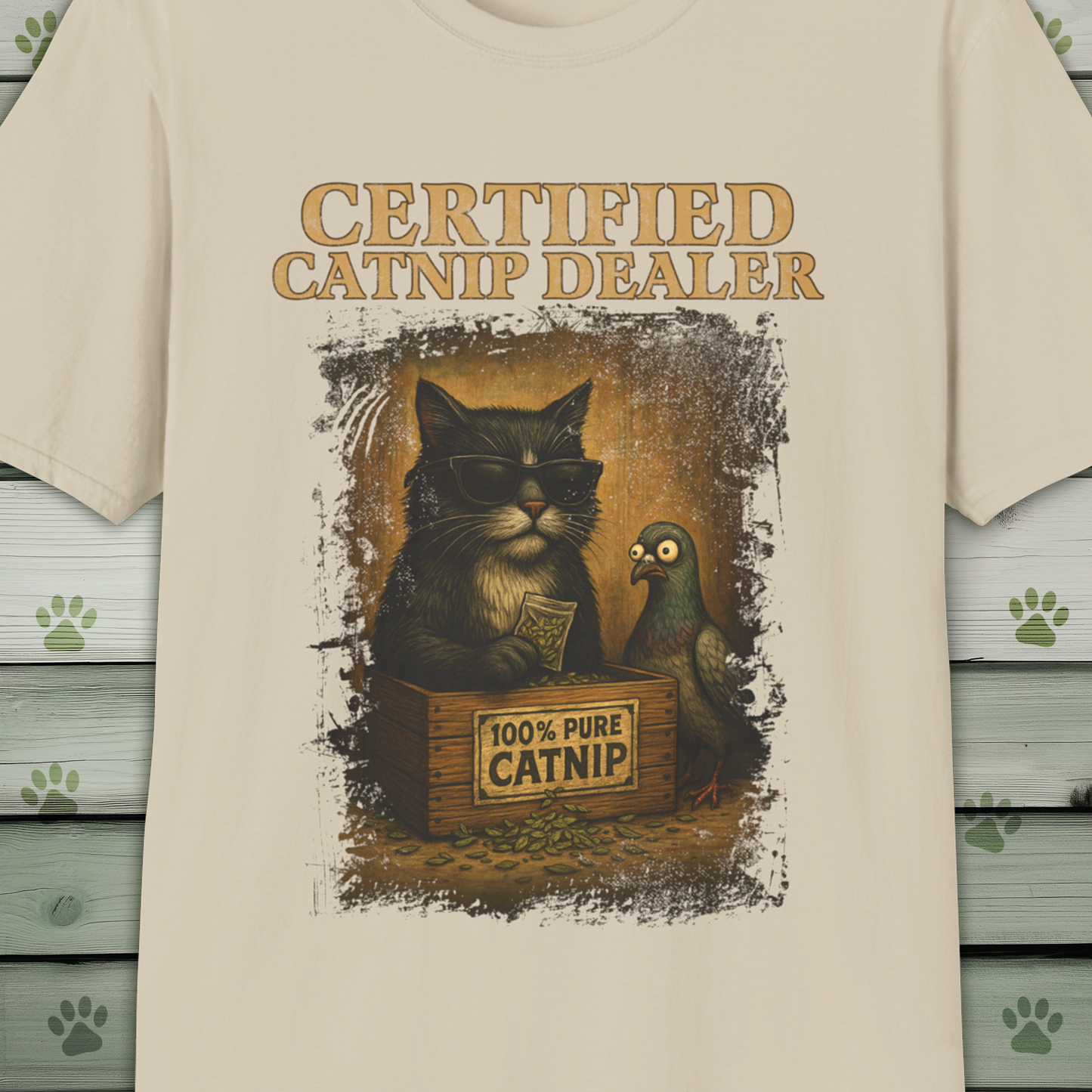 Certified Catnip Dealer T-Shirt – Funny Cat & Pigeon Design
