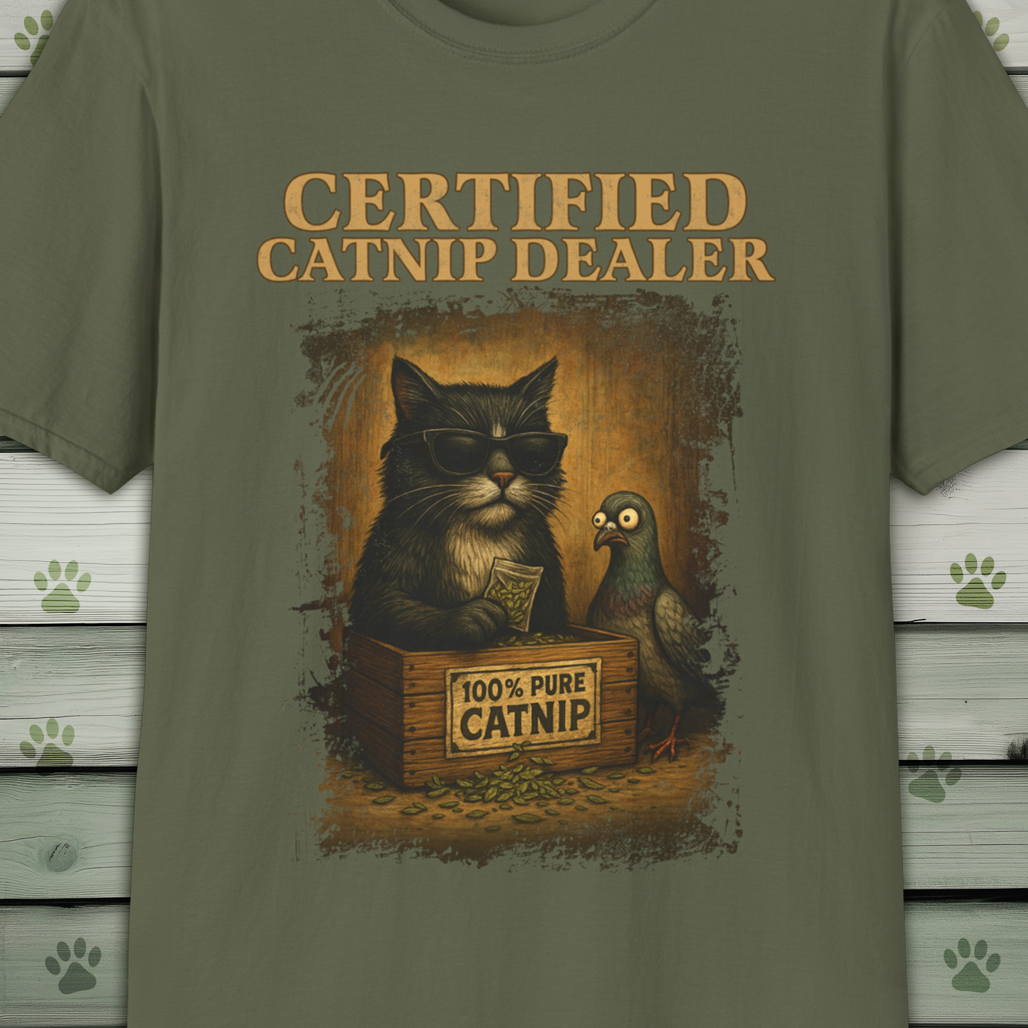 Certified Catnip Dealer T-Shirt – Funny Cat & Pigeon Design