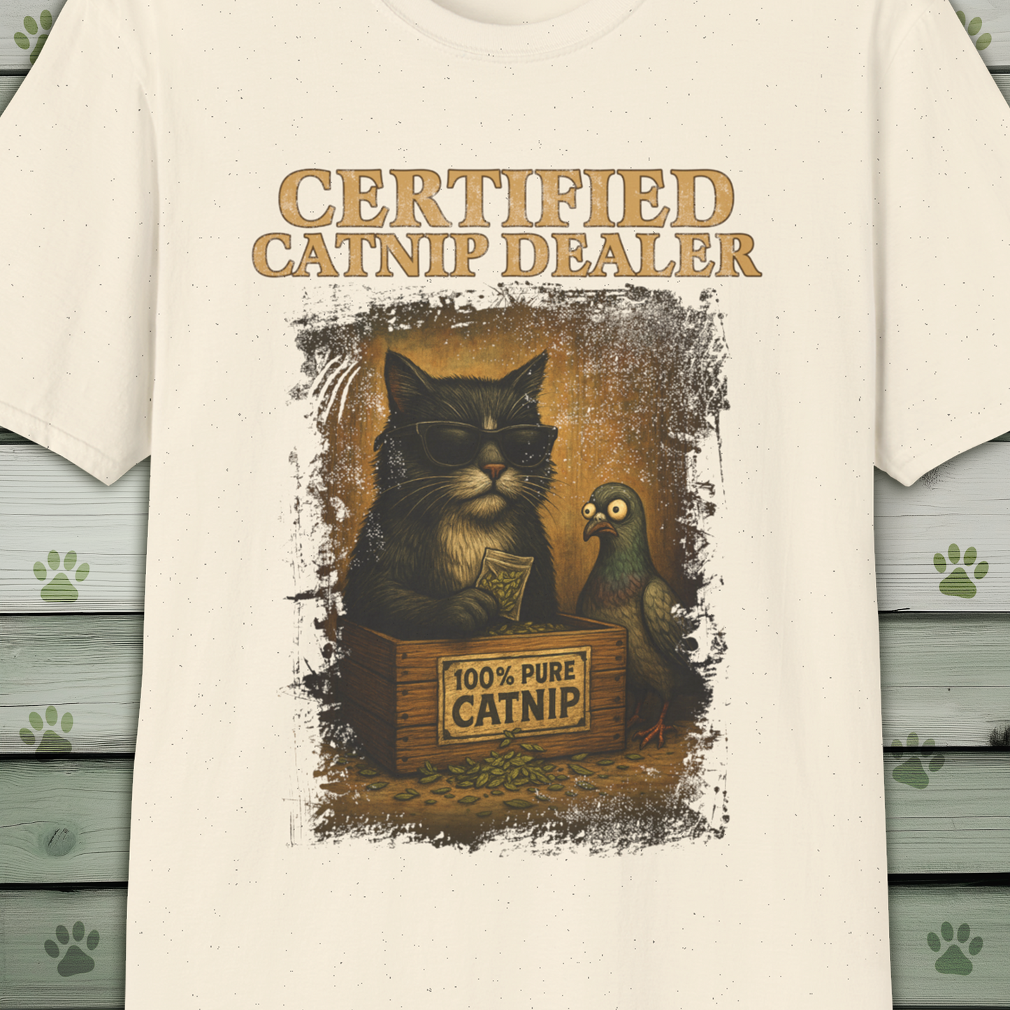 Certified Catnip Dealer T-Shirt – Funny Cat & Pigeon Design